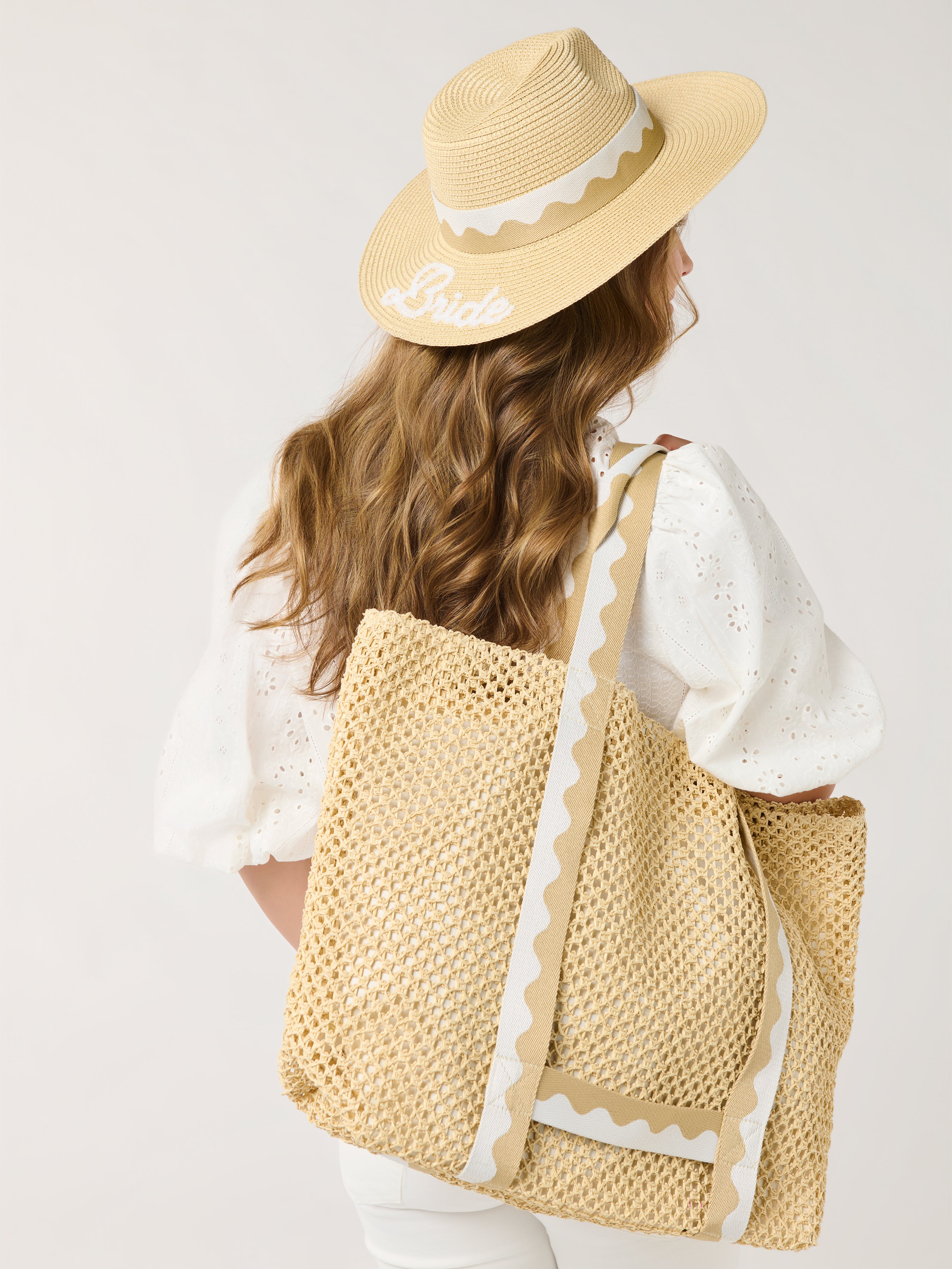 Shiraleah "Bride" Hat and Tote Set, Natural