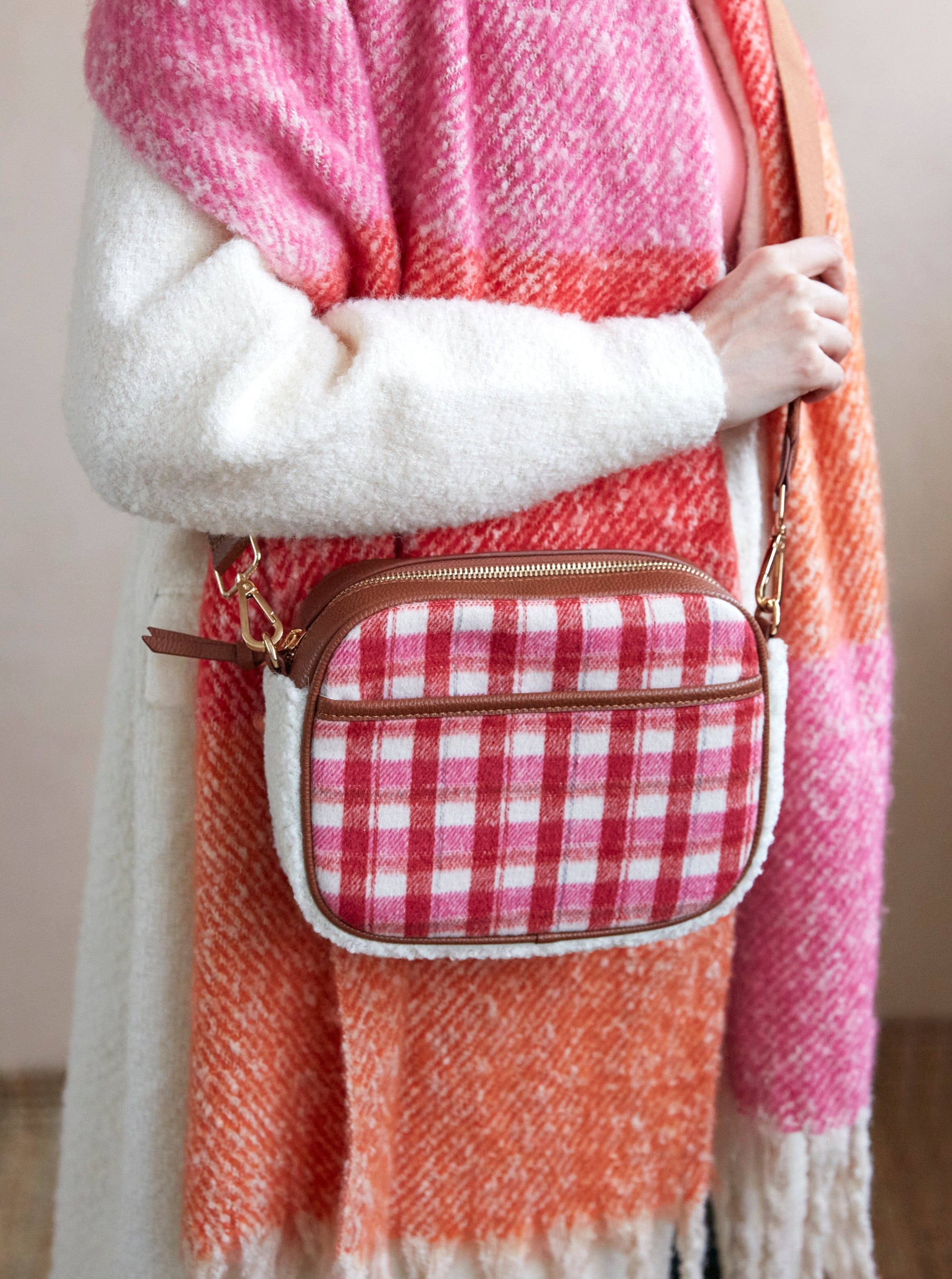 Shiraleah Plaid Mirabel Camera Cross-body Bag, Pink and Red