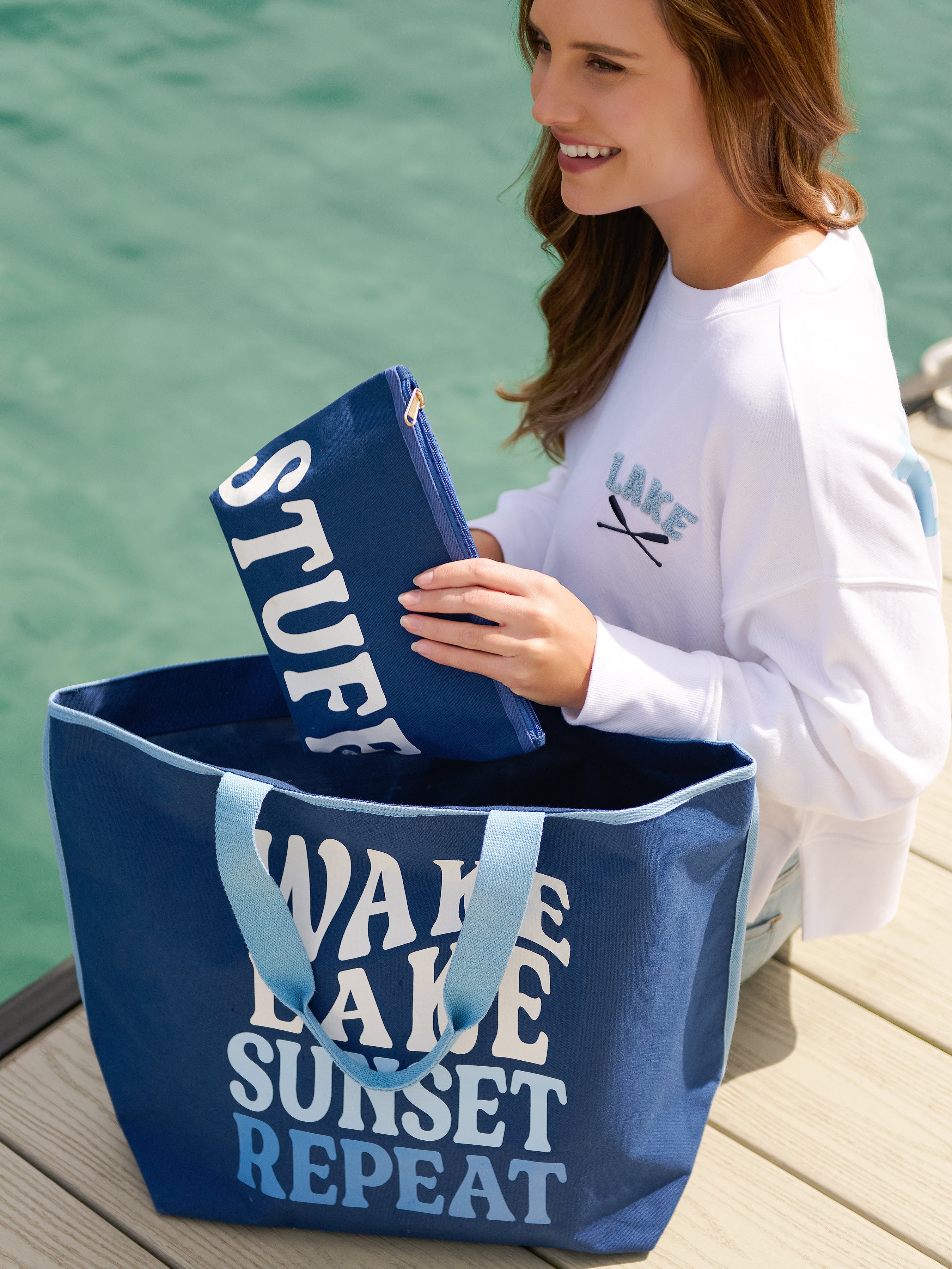 Shiraleah "Wake, Lake, Sunset, Repeat" Tote, Navy