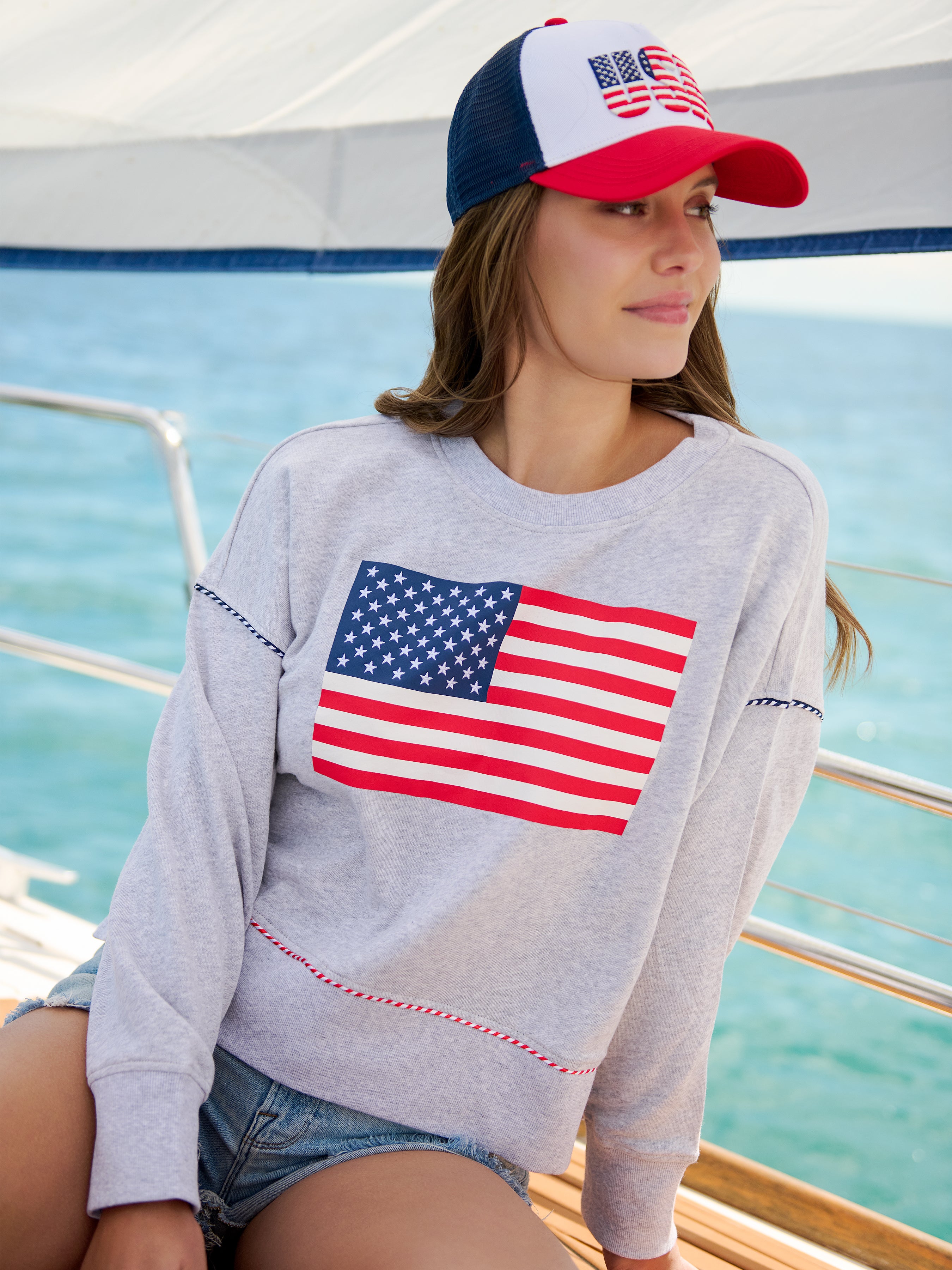 Shiraleah American Flag Relaxed Sweatshirt, Grey SMALL