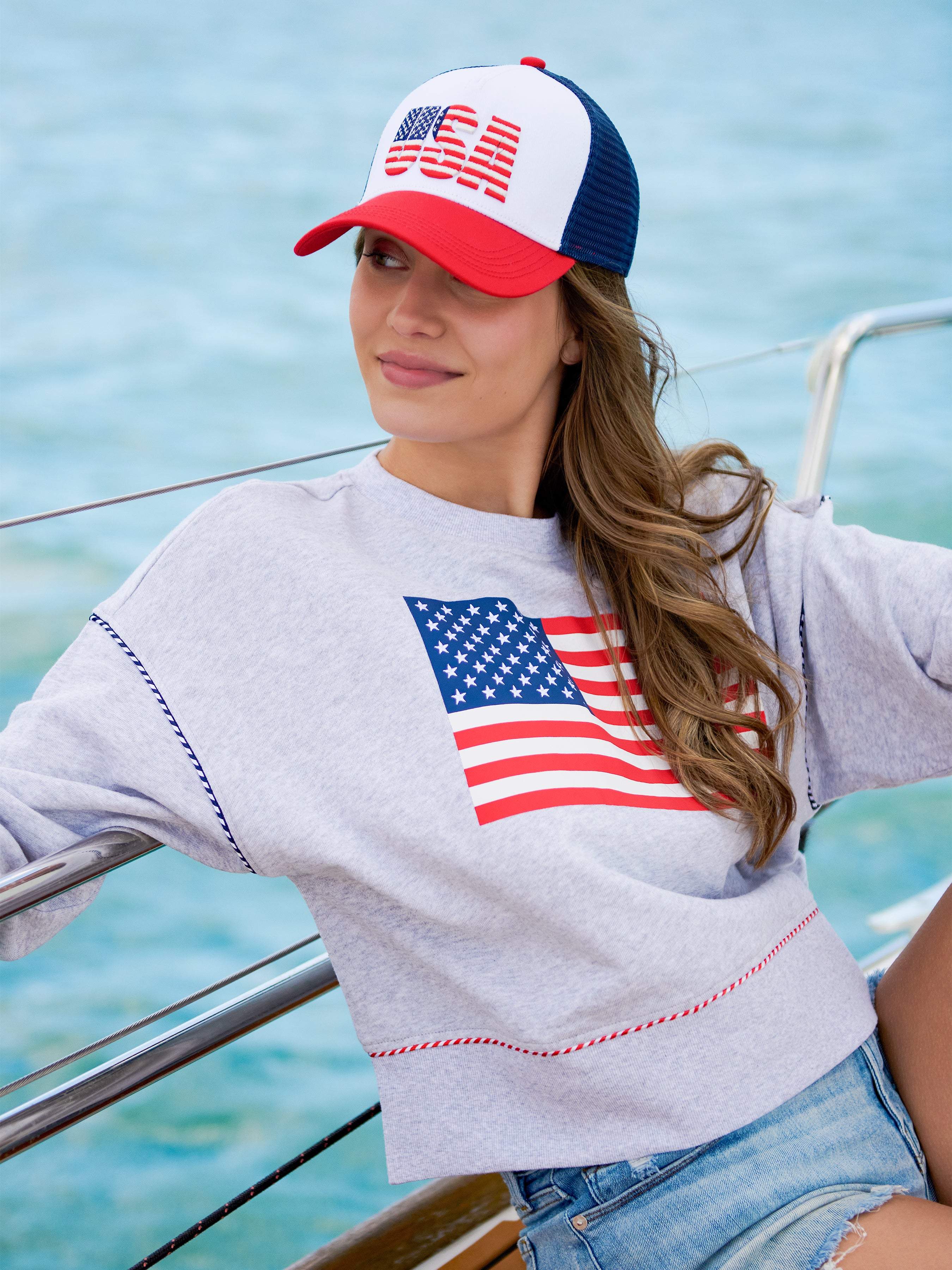 Shiraleah American Flag Relaxed Sweatshirt, Grey SMALL