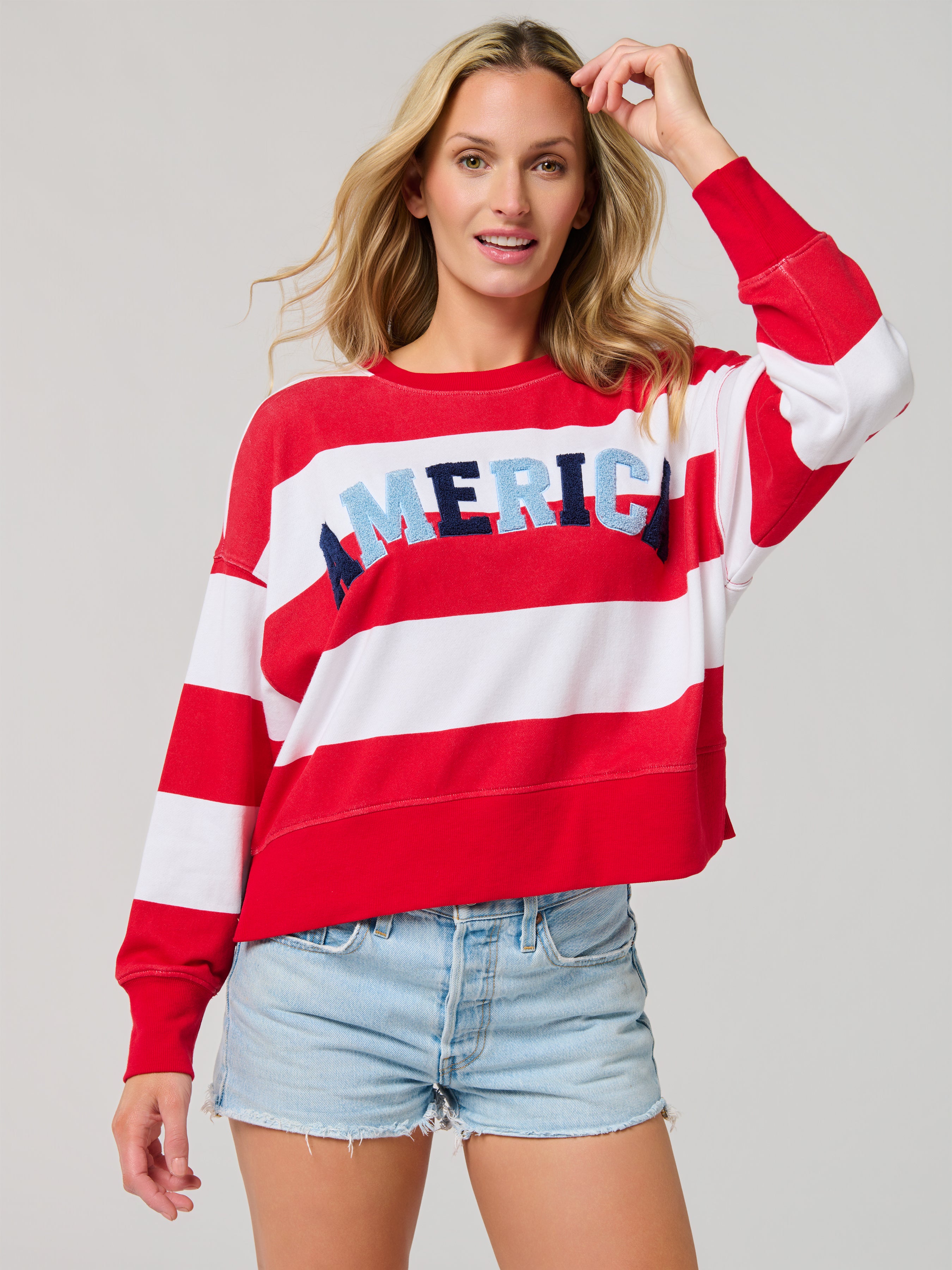 Shiraleah "America" Rugby Stripe Relaxed Sweatshirt, White SMALL