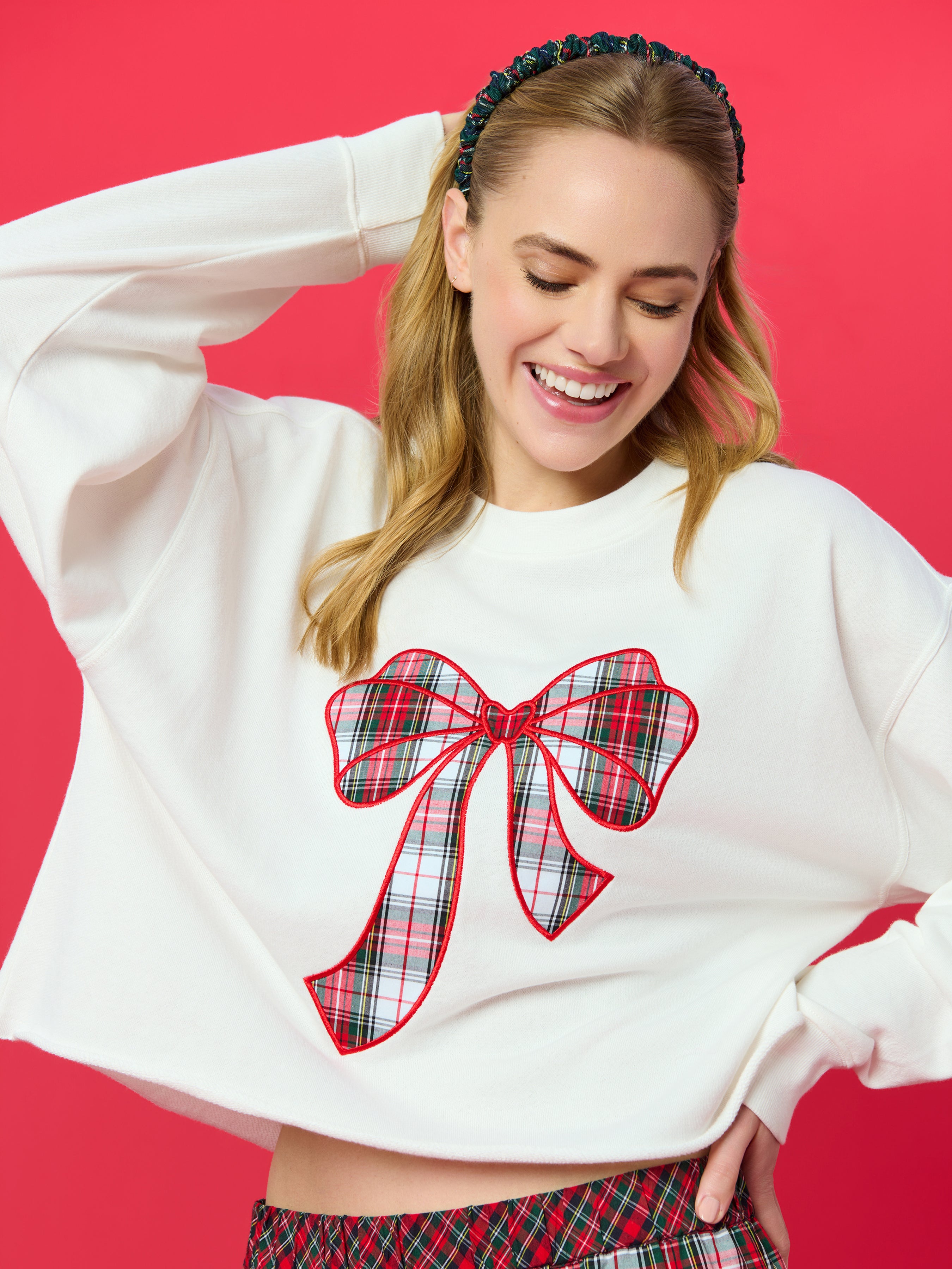 Shiraleah Tartan Bow Lounge Sweatshirt, Ivory IVORY / EXTRA SMALL