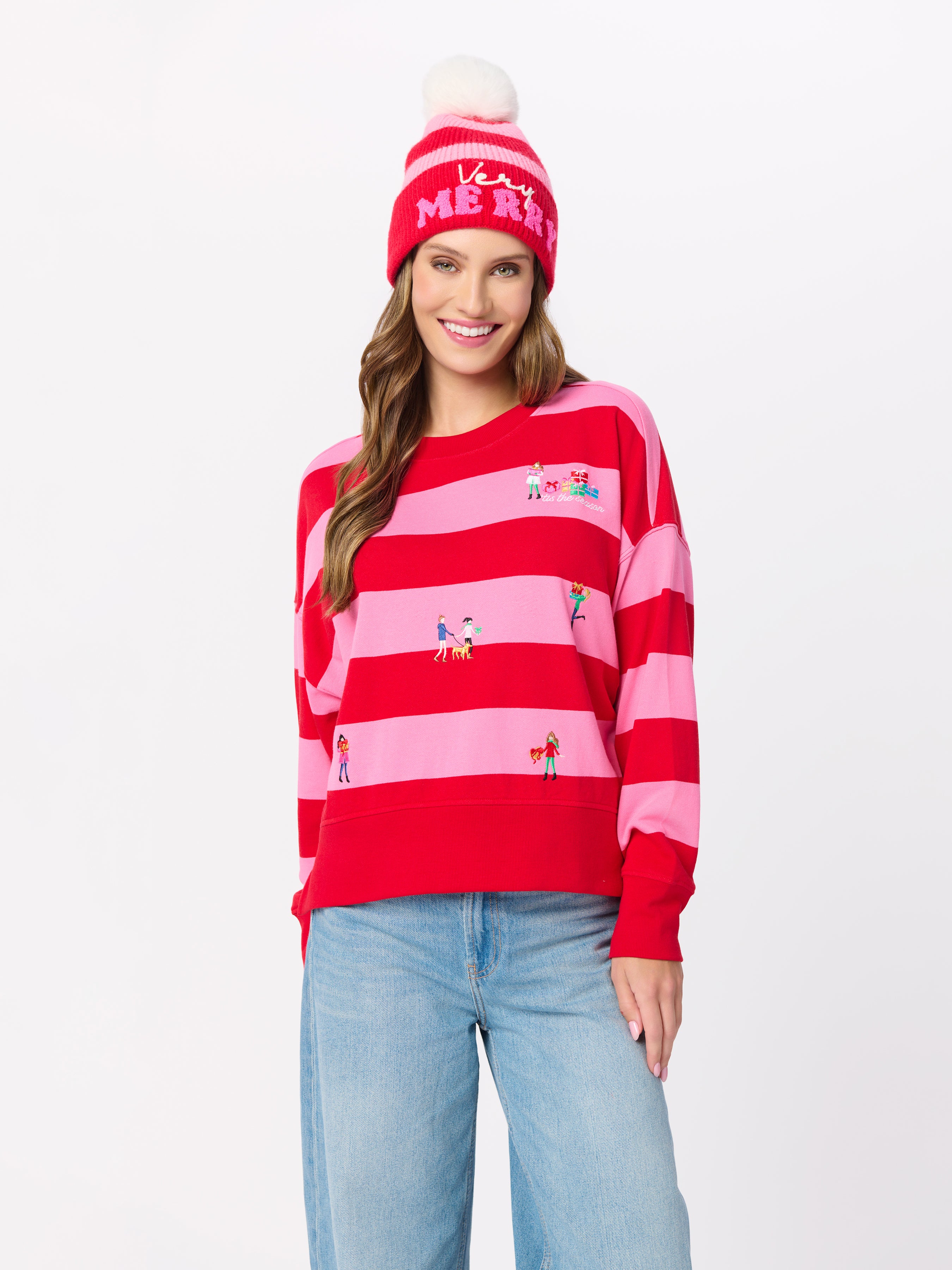 Shiraleah Gifting Embroidery Relaxed Sweatshirt, Red RED / EXTRA SMALL