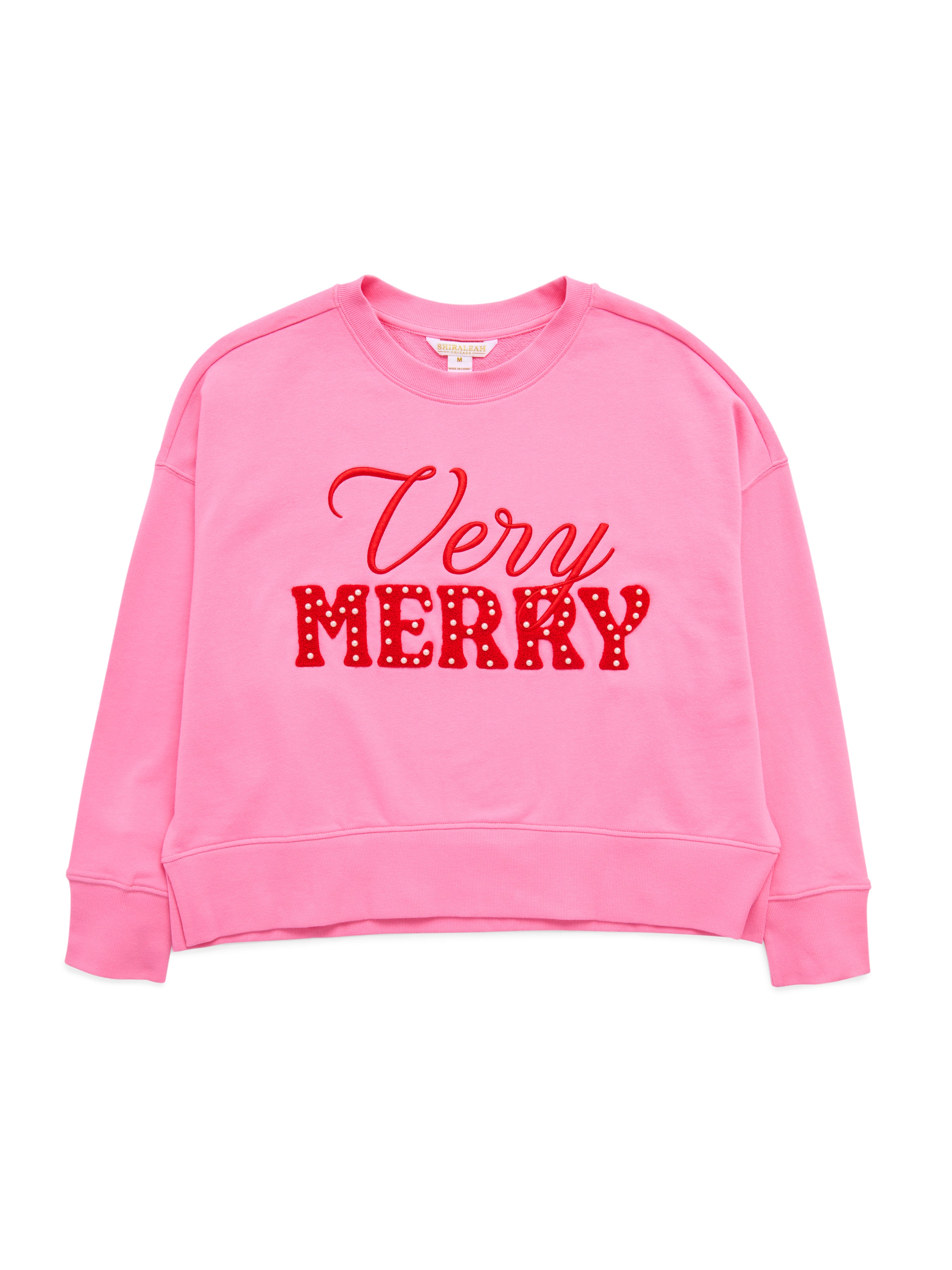 Shiraleah "Very Merry" Pearls Relaxed Sweatshirt, Pink PINK / EXTRA SMALL