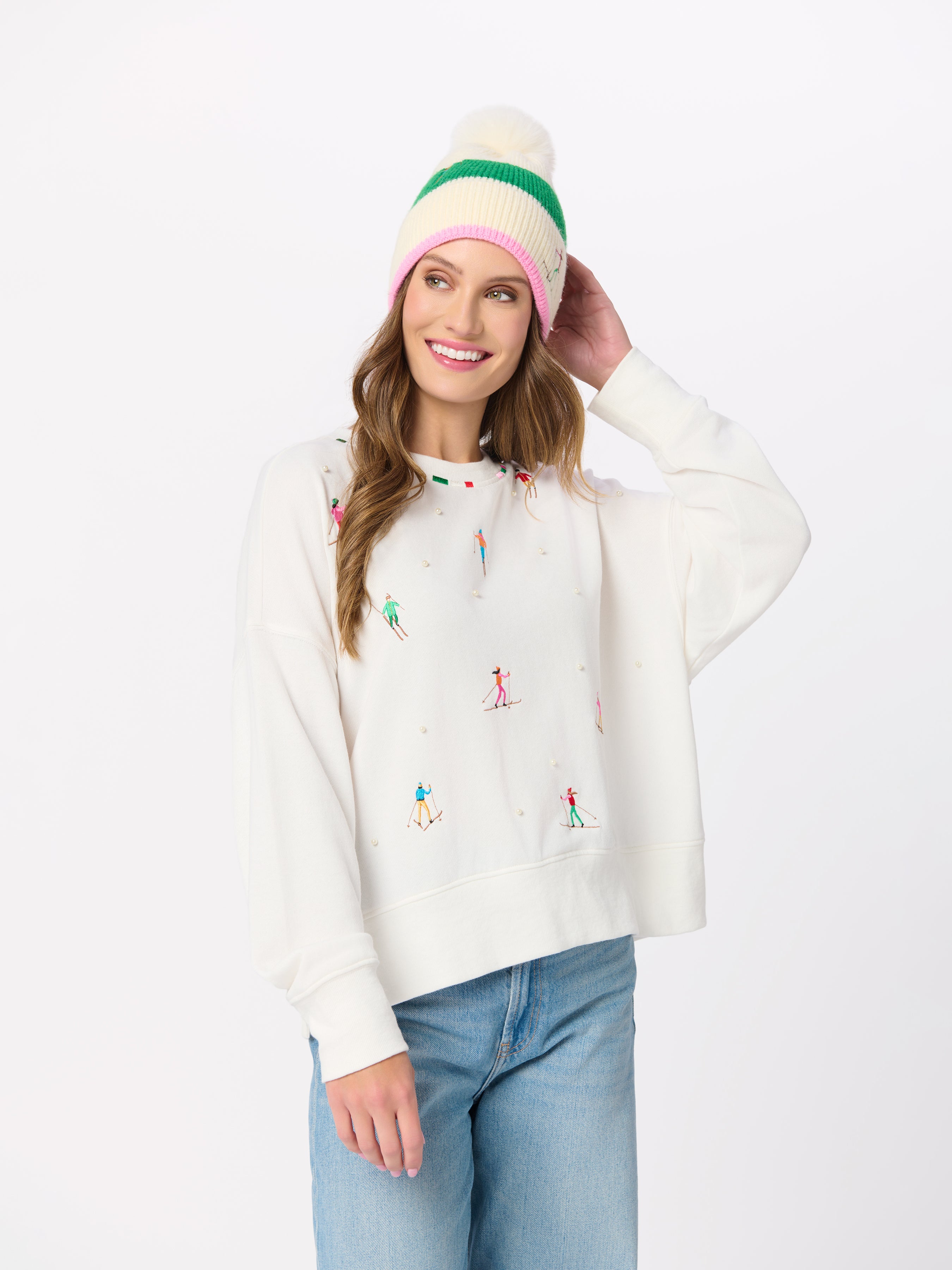 Shiraleah Skiers With Pearls Relaxed Sweatshirt, Ivory IVORY / EXTRA SMALL