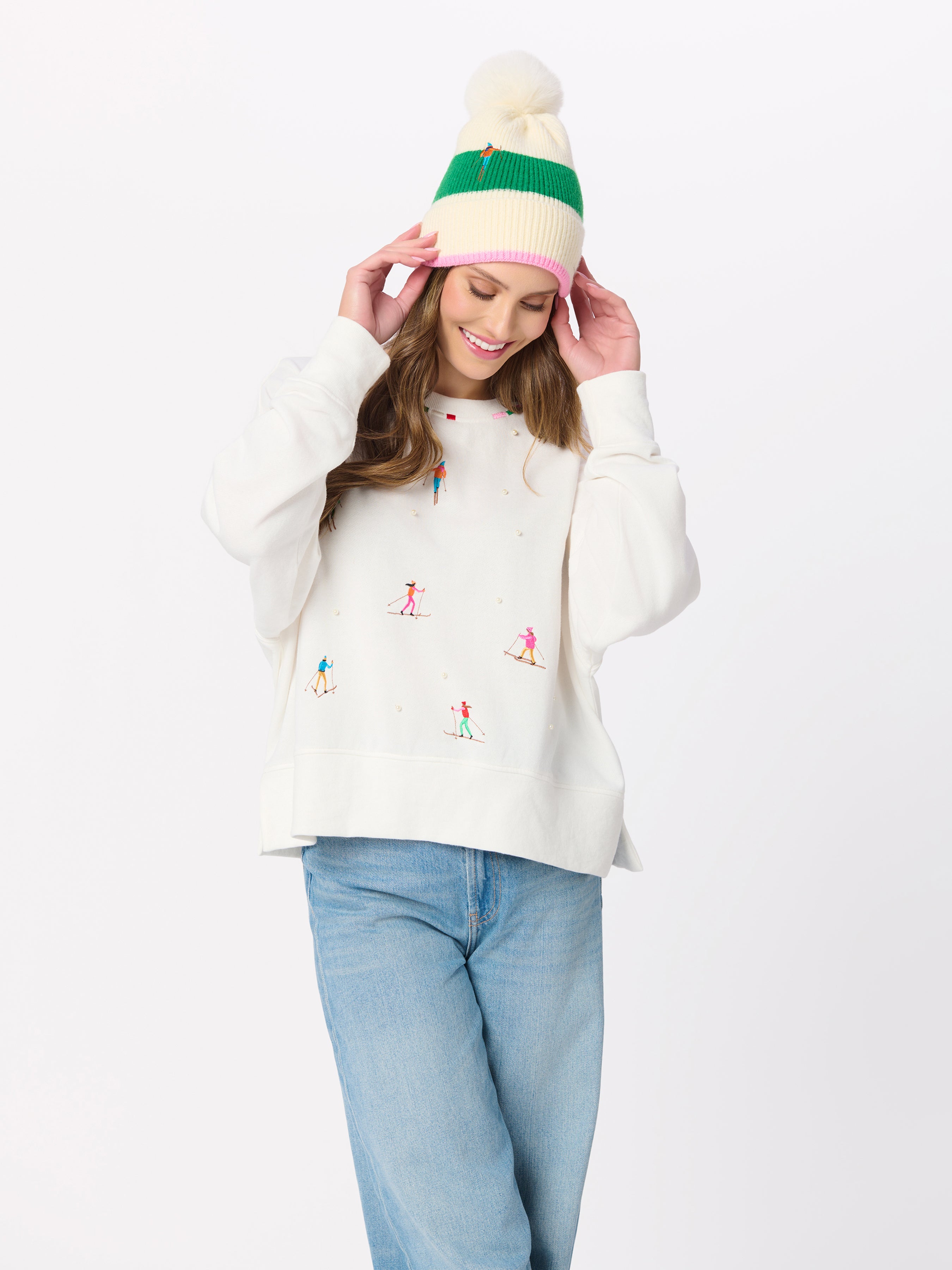 Shiraleah Skiers With Pearls Relaxed Sweatshirt, Ivory IVORY / EXTRA SMALL