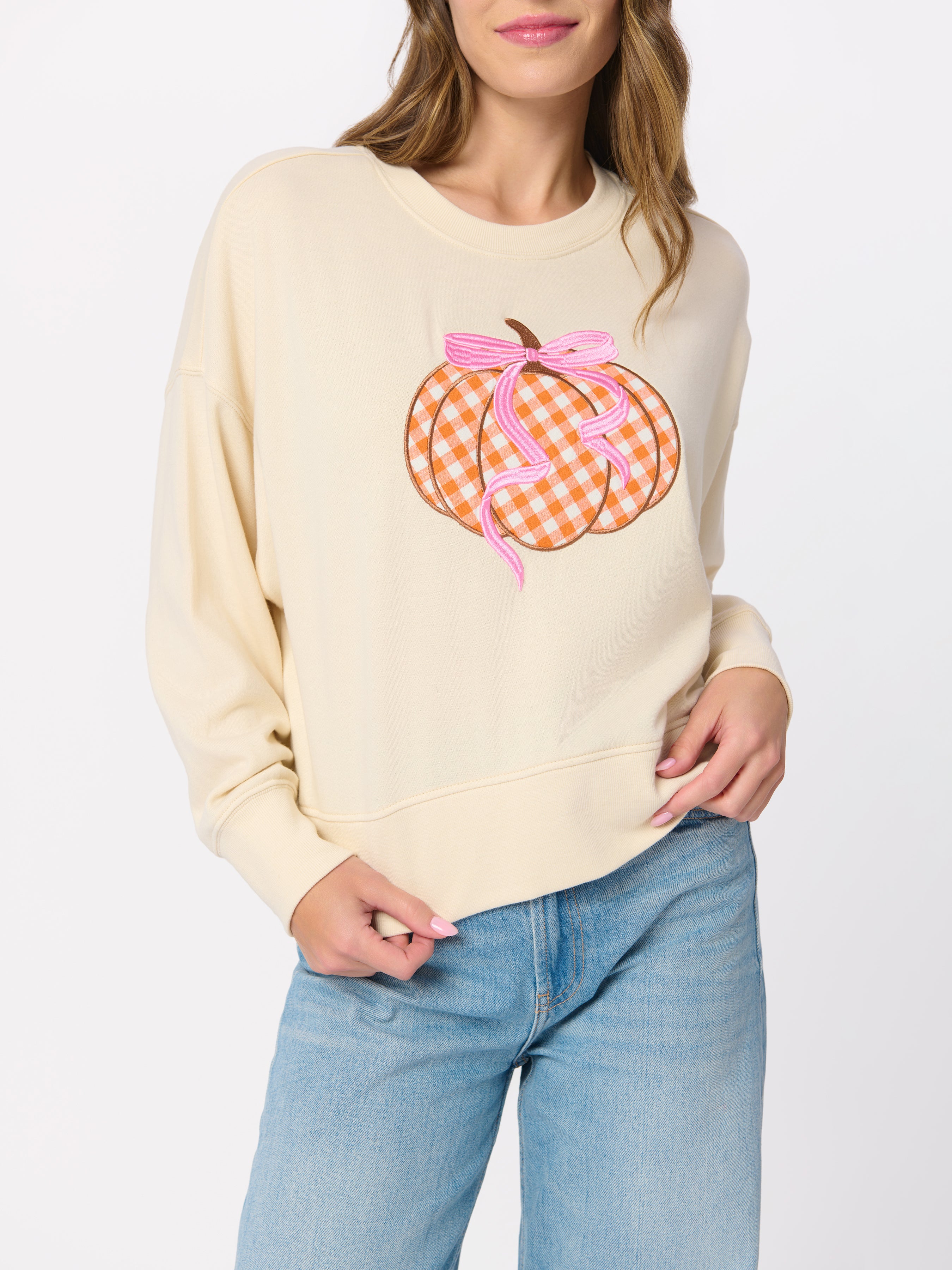 Shiraleah Gingham Pumpkin Relaxed Sweatshirt, Cream CREAM / EXTRA SMALL