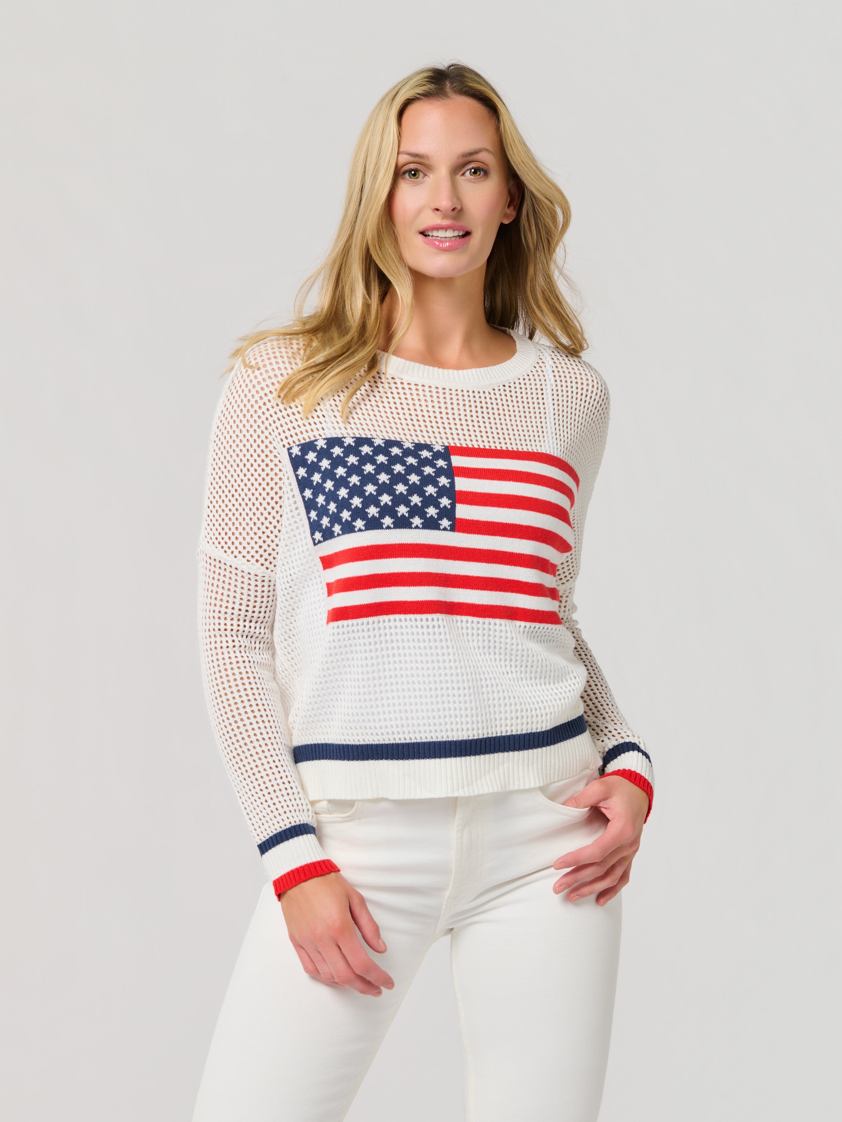 Shiraleah American Flag Mesh Sweater, White SMALL