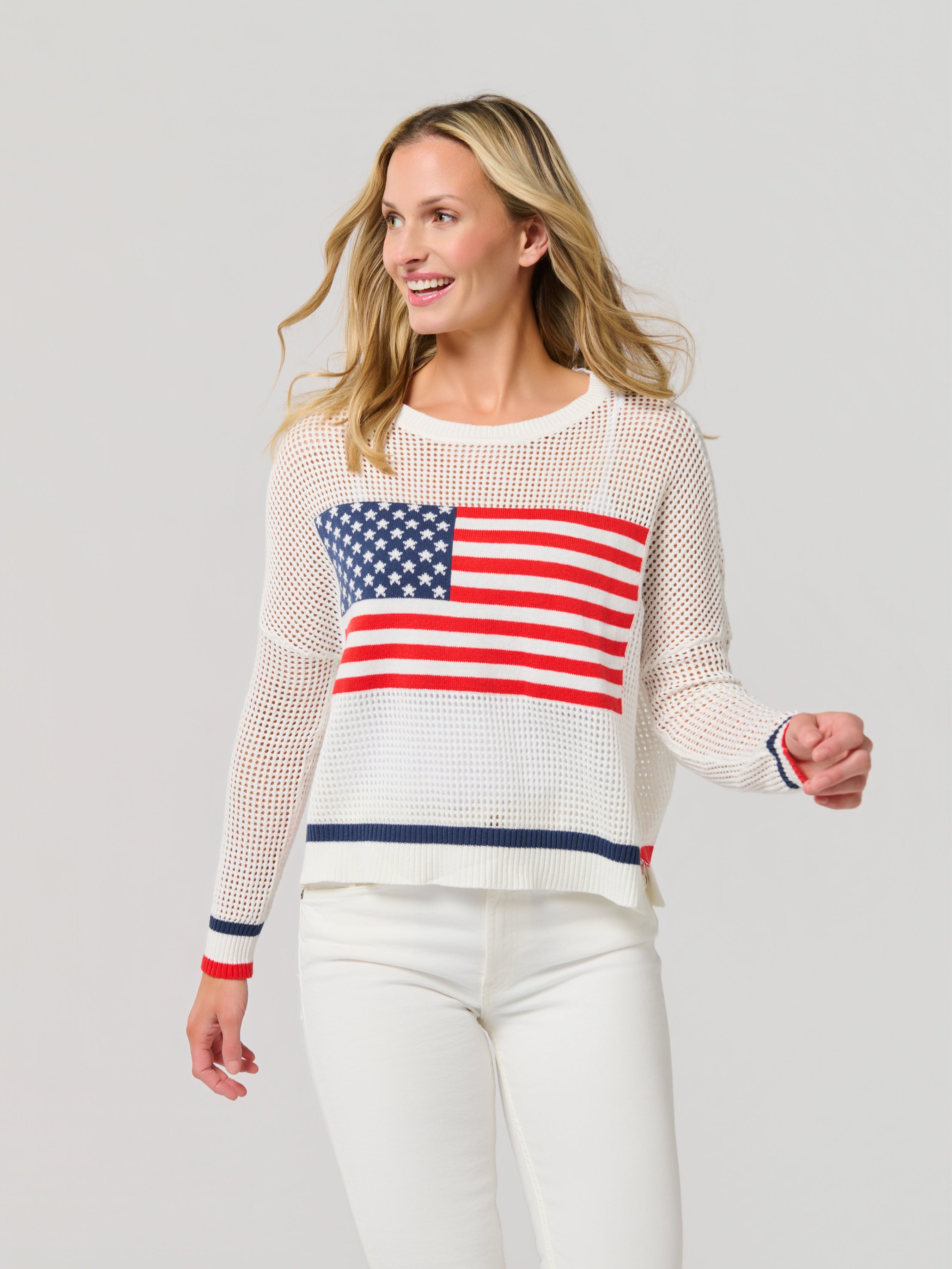 Shiraleah American Flag Mesh Sweater, White SMALL