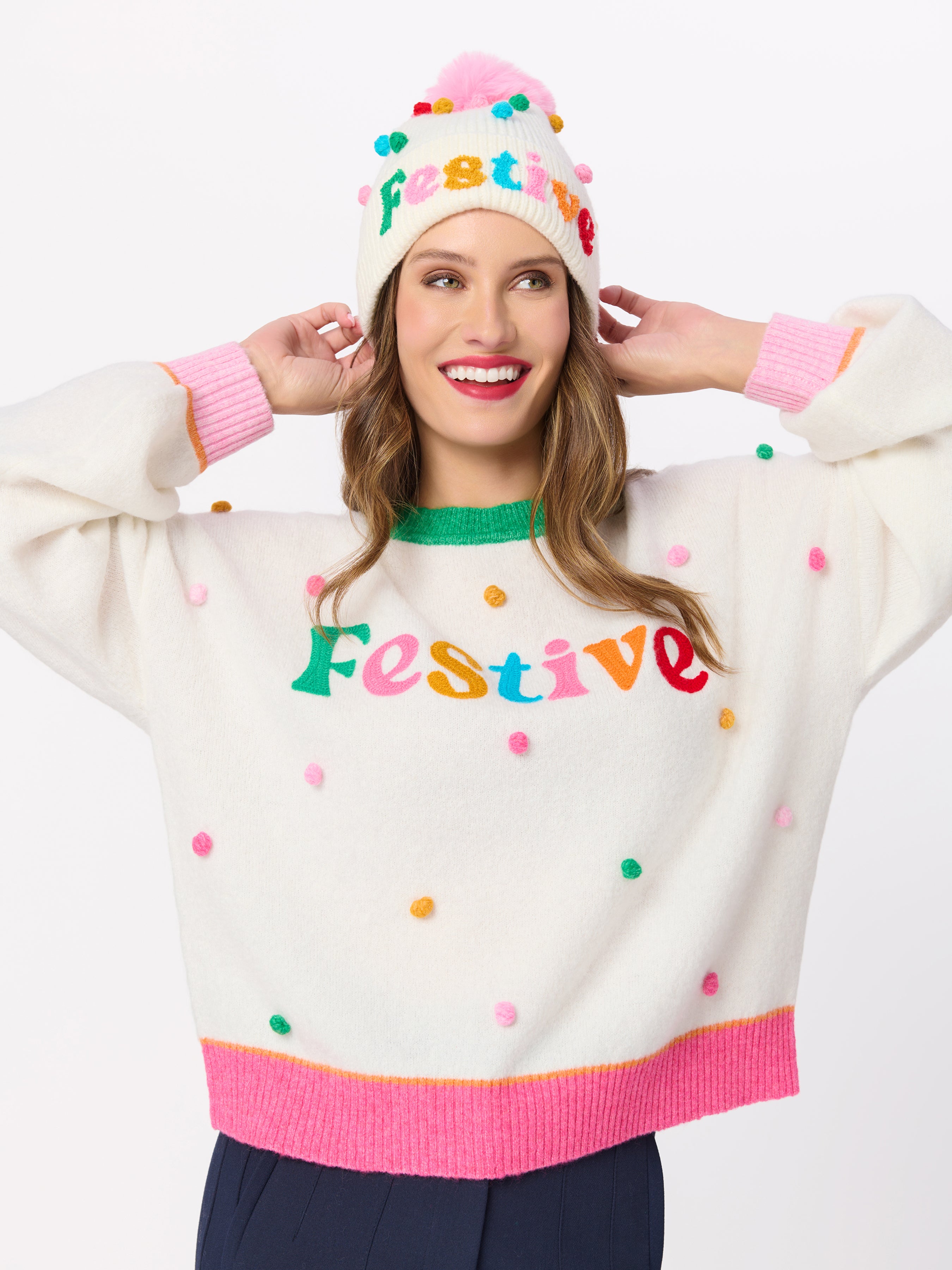 Shiraleah "Festive" Pom Pom Relaxed Sweater, Ivory IVORY / EXTRA SMALL