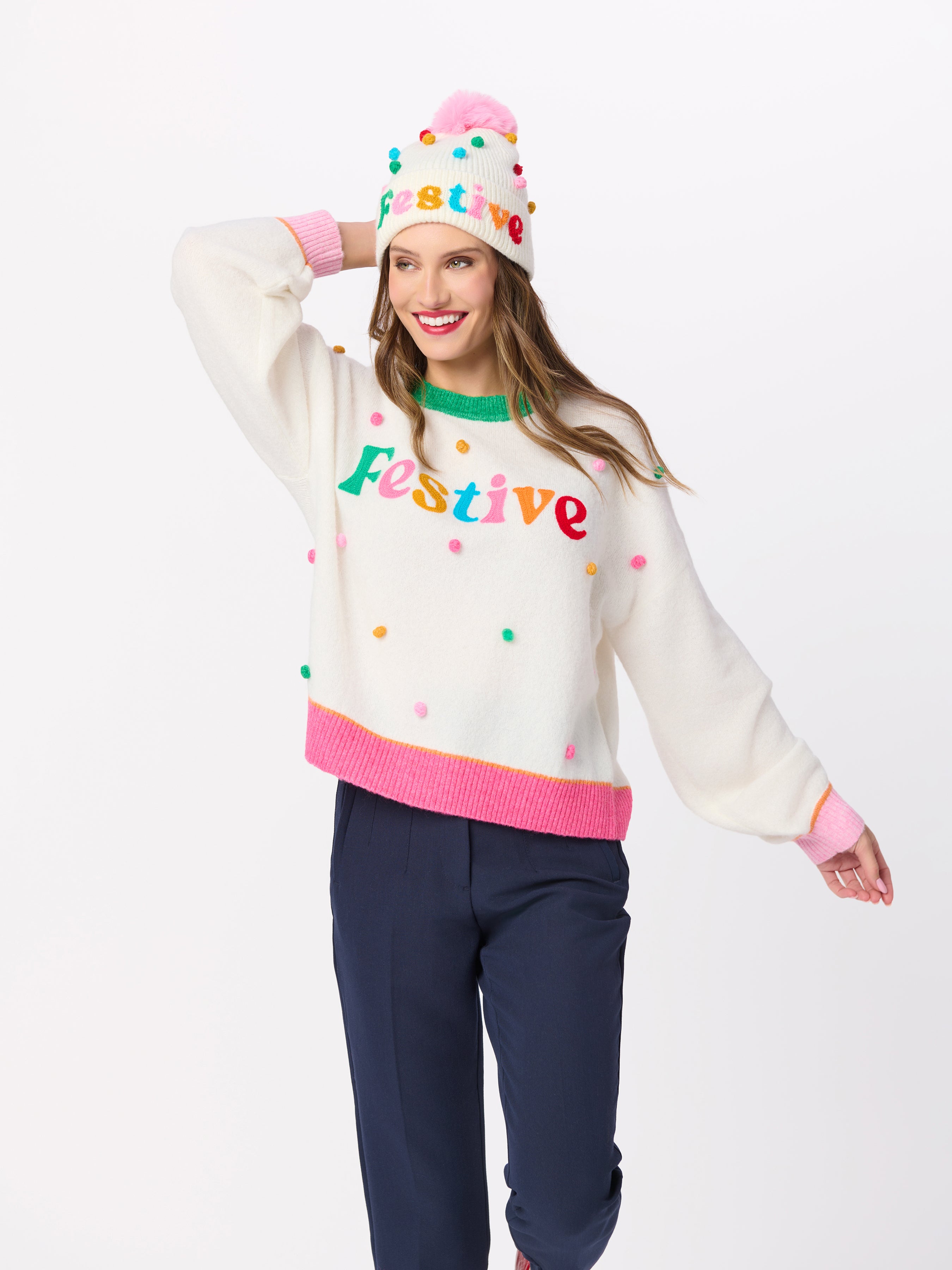 Shiraleah "Festive" Pom Pom Relaxed Sweater, Ivory IVORY / EXTRA SMALL