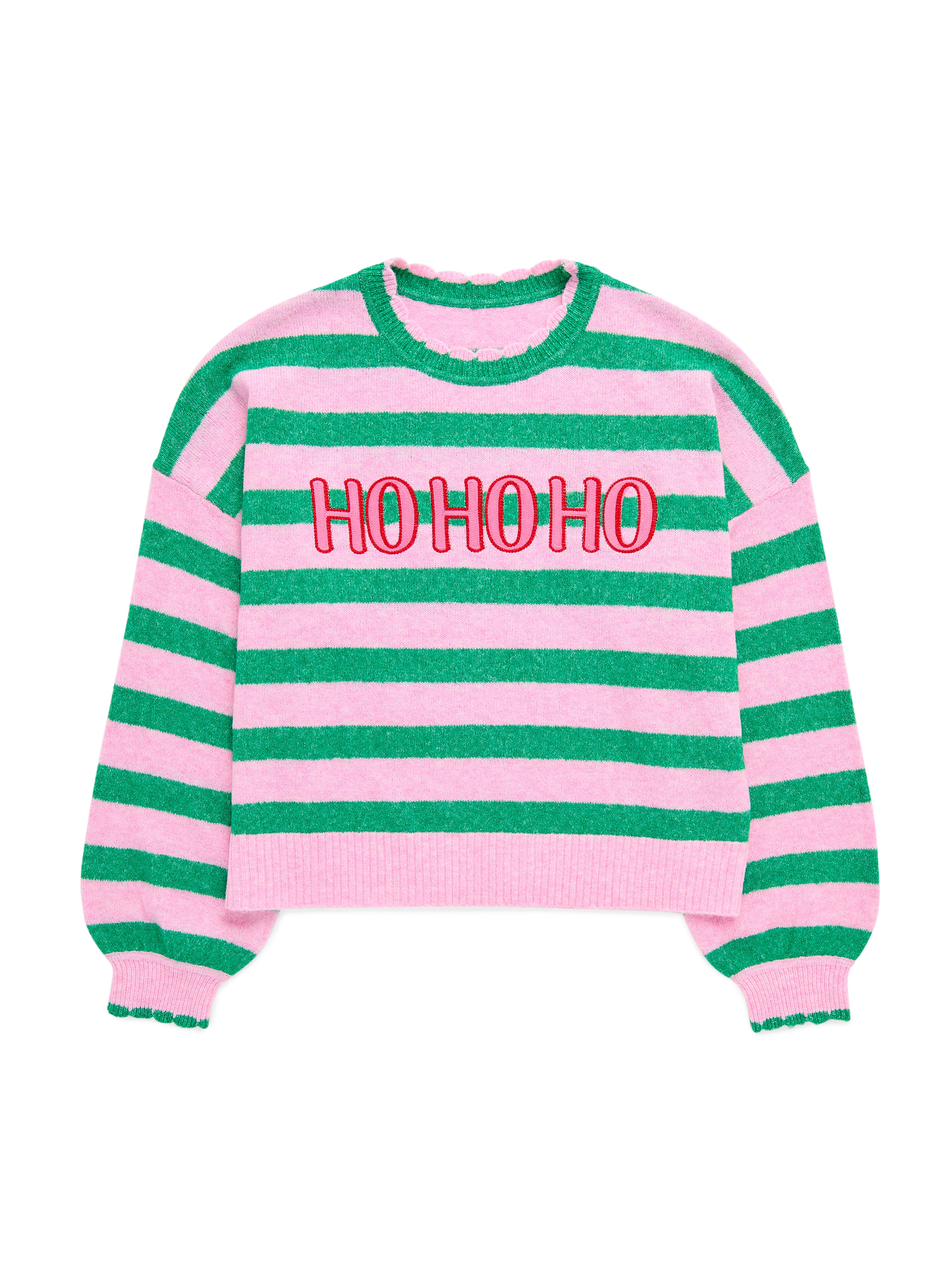 Shiraleah "Ho Ho Ho" Scallop Trim Relaxed Sweater, Green GREEN / EXTRA SMALL