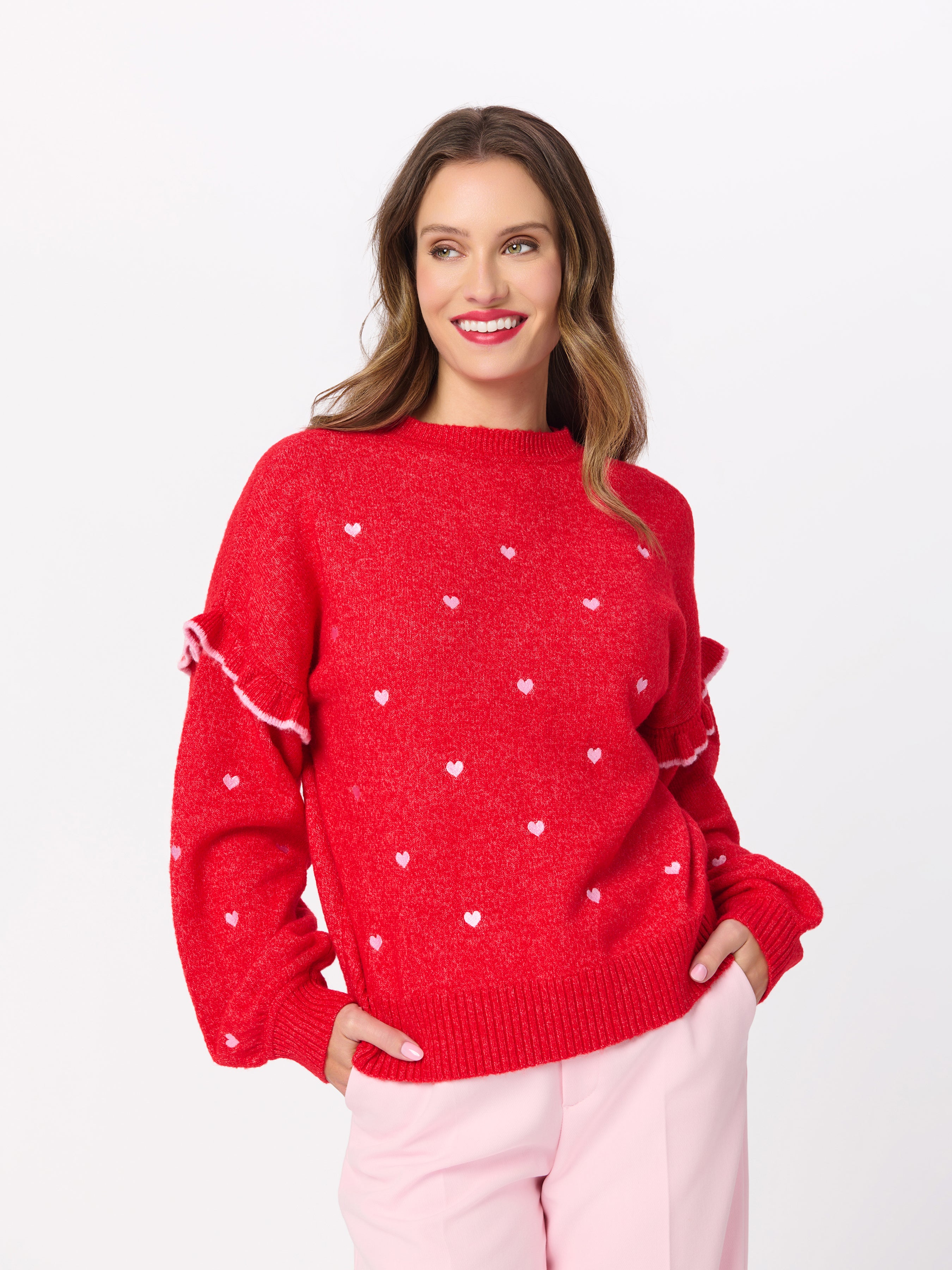 Shiraleah Hearts Ruffle Sleeve Relaxed Sweater, Red RED / EXTRA SMALL