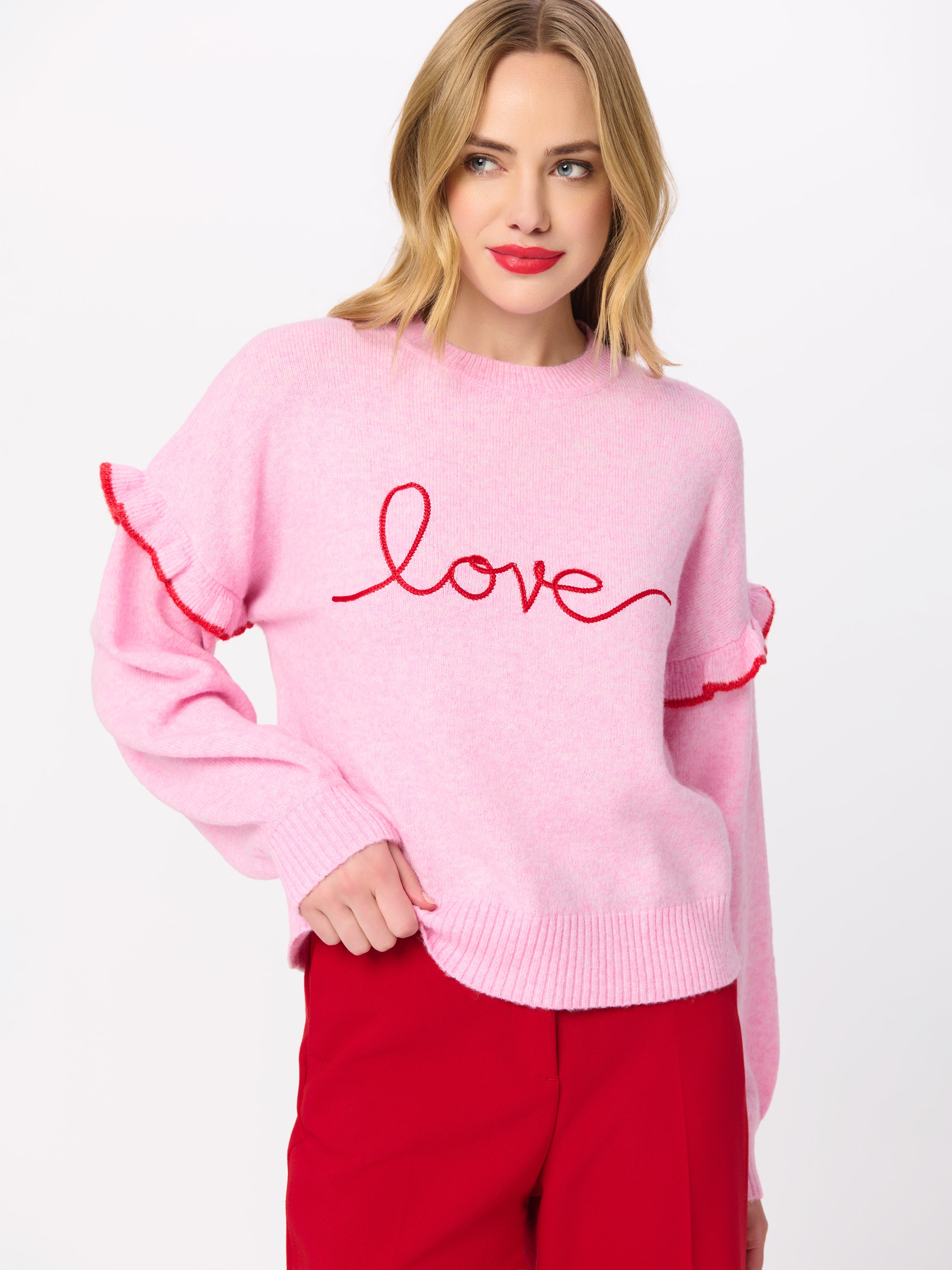 Shiraleah "Love" Ruffle Sleeve Relaxed Sweater, Blush BLUSH / EXTRA SMALL