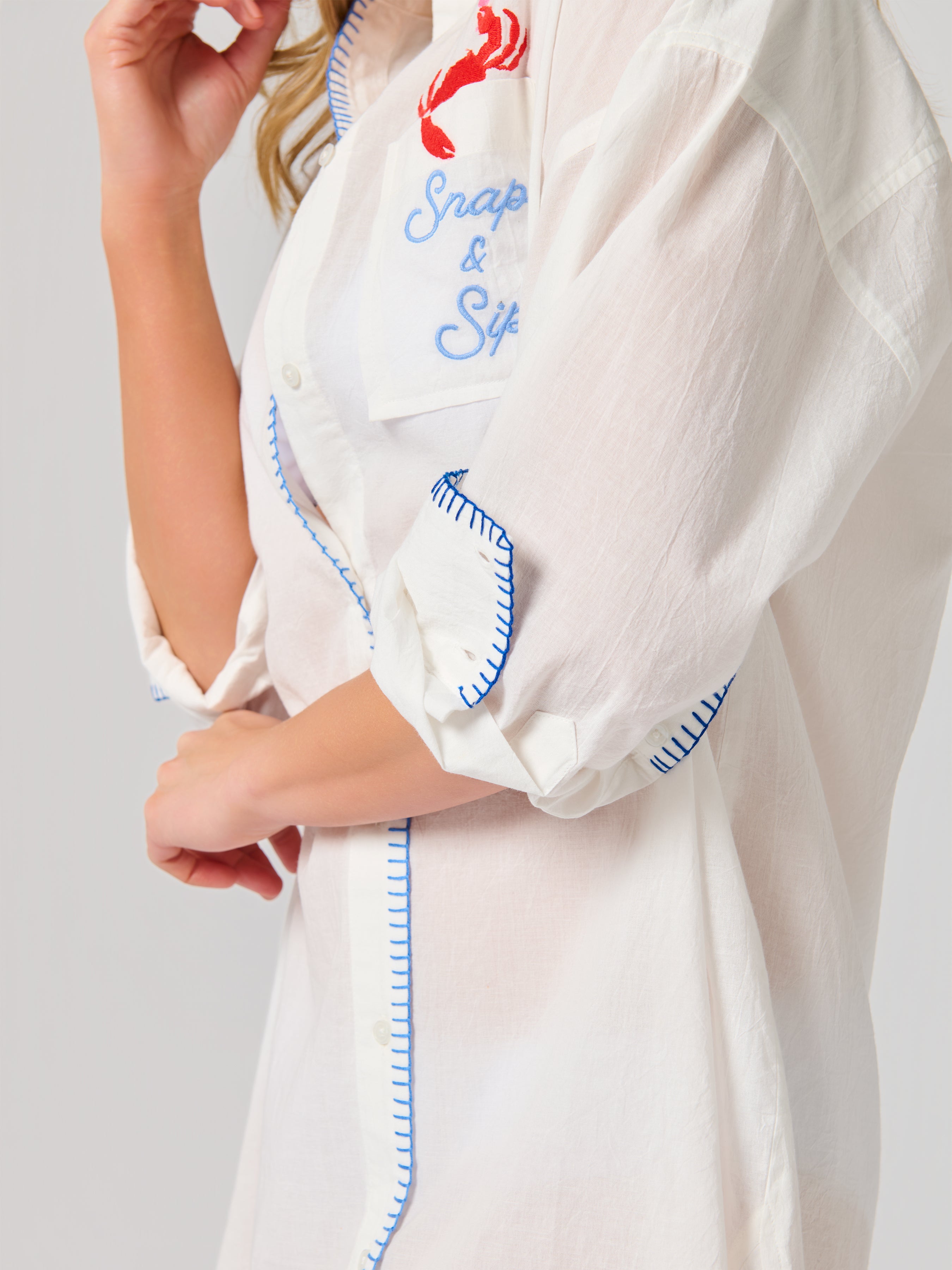 Shiraleah "Snap & Sip/Catch of the Day" Cover-Up Shirt, White SMALL