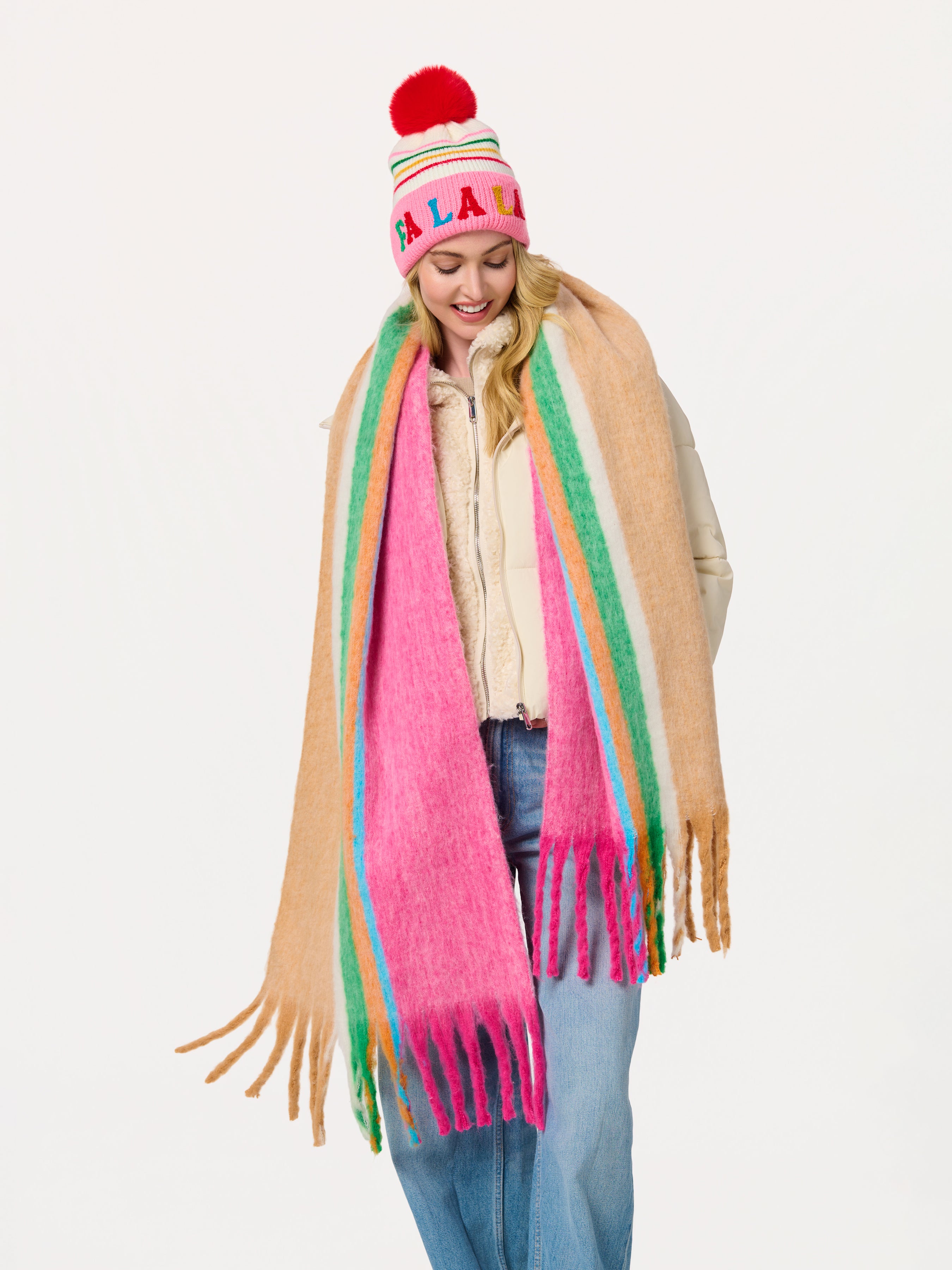 Shiraleah "Fa La La" Striped Beanie, Pink