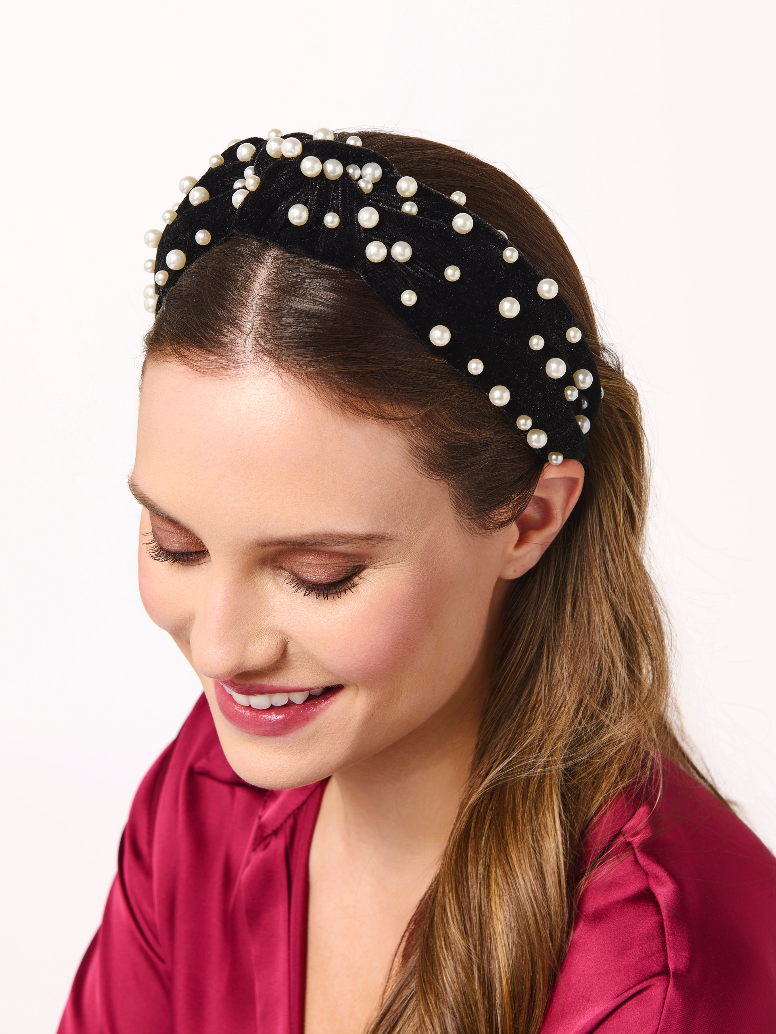 Shiraleah Velvet And Pearls Knotted Headband BLACK