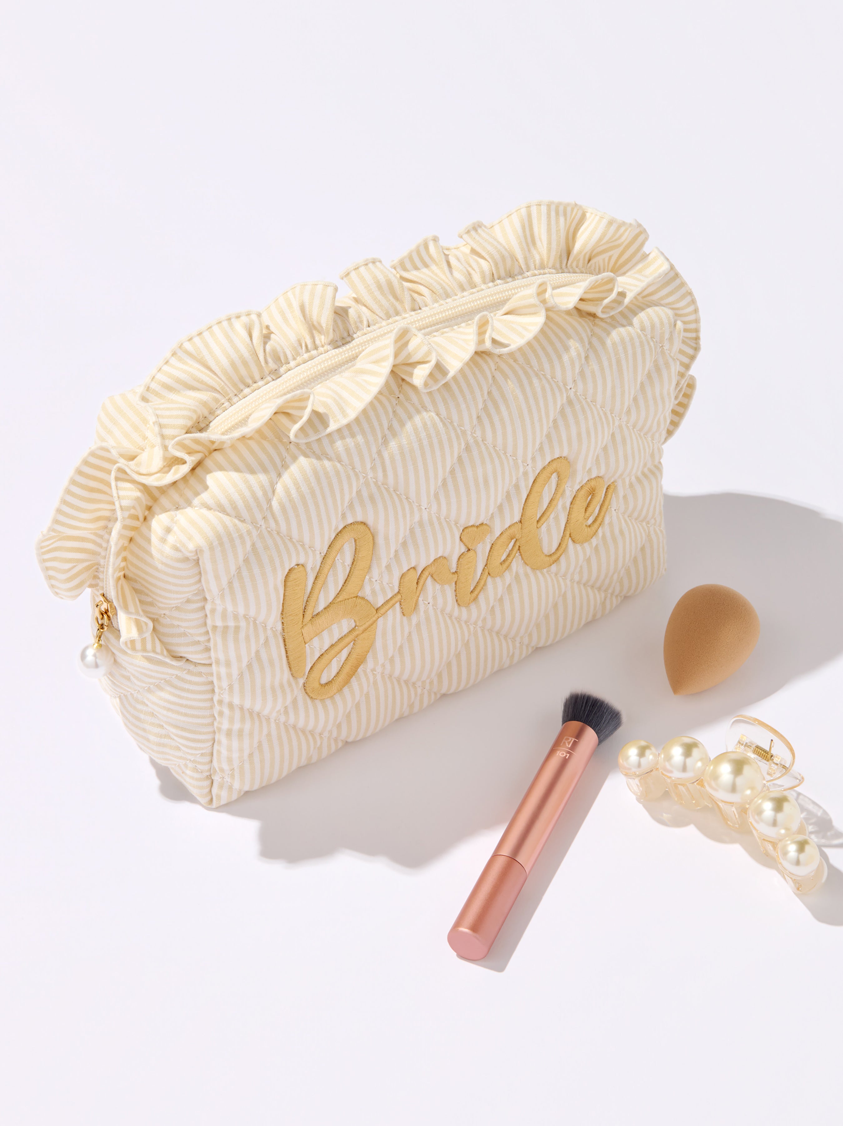 Shiraleah Ruffle "Bride" Large Zip Pouch, Beige