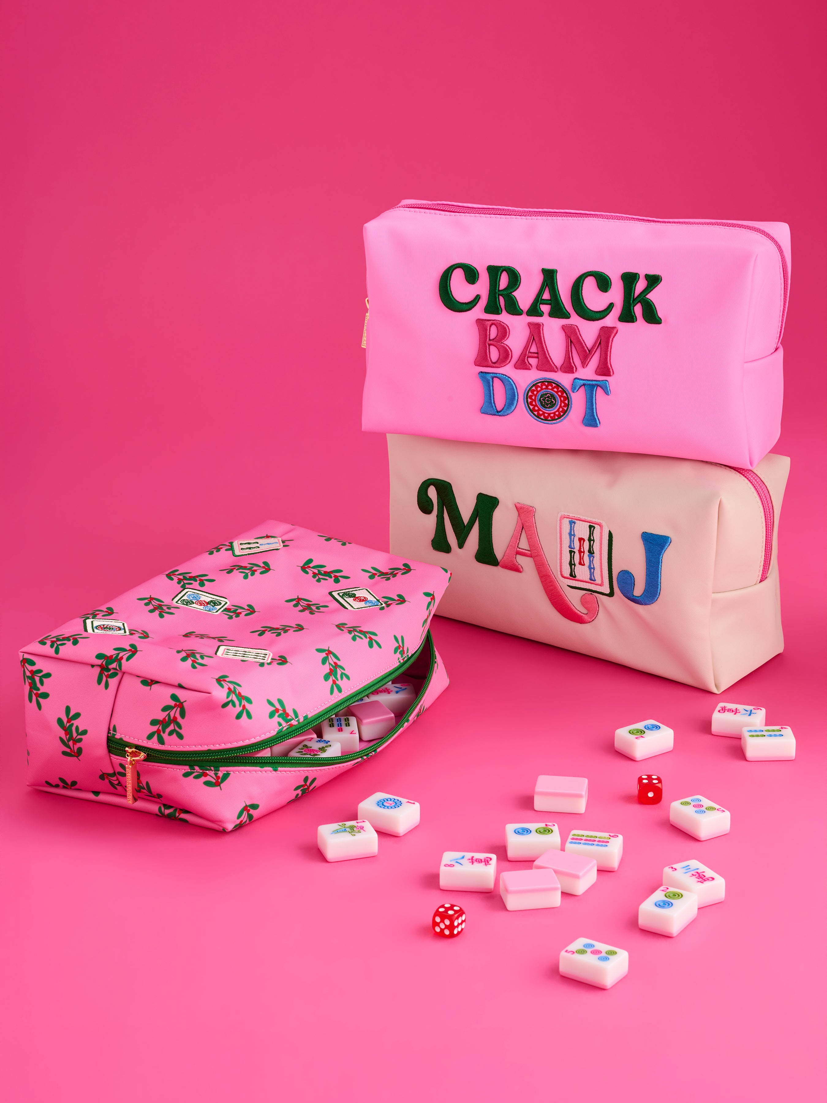 Shiraleah "Crack, Bam, Dot" Mahjong Tiles Zip Pouch, Pink