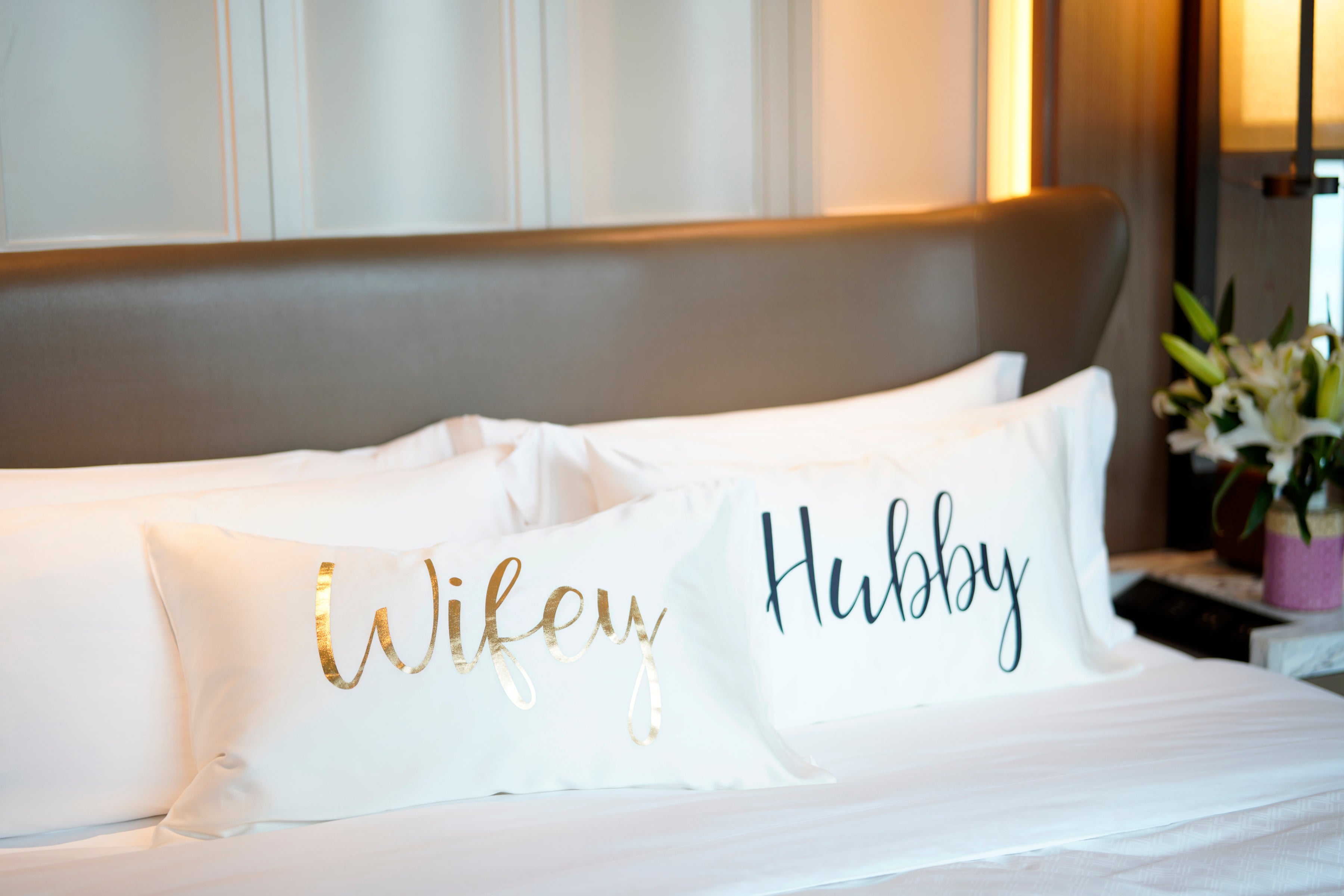Shiraleah Set of 2 "Hubby/Wifey" Standard Pillow Cases, Ivory
