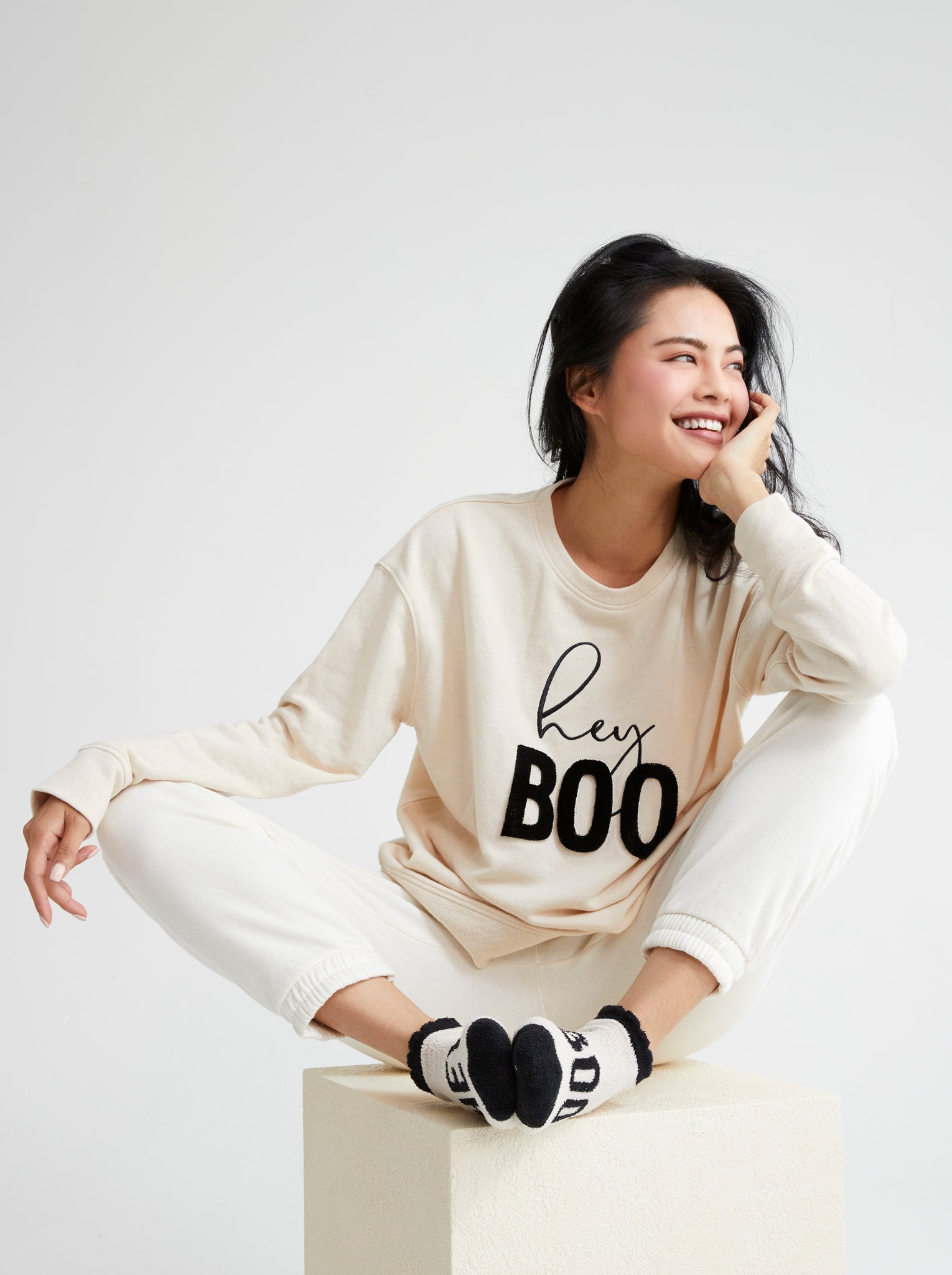Assorted Set Of 6 "Hey Boo" Sweatshirts, Putty