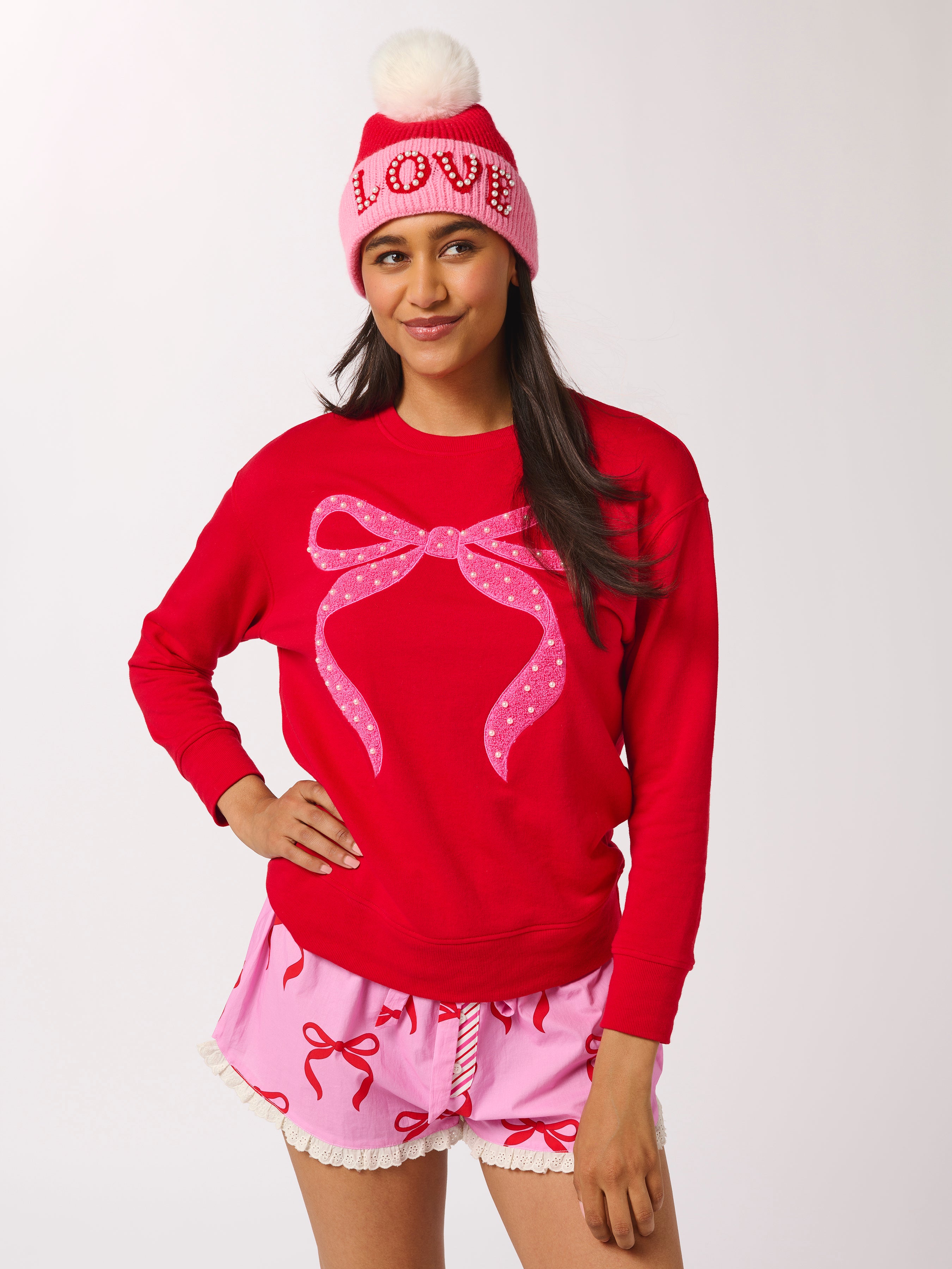 Shiraleah Pearl Bow Classic Sweatshirt, Red