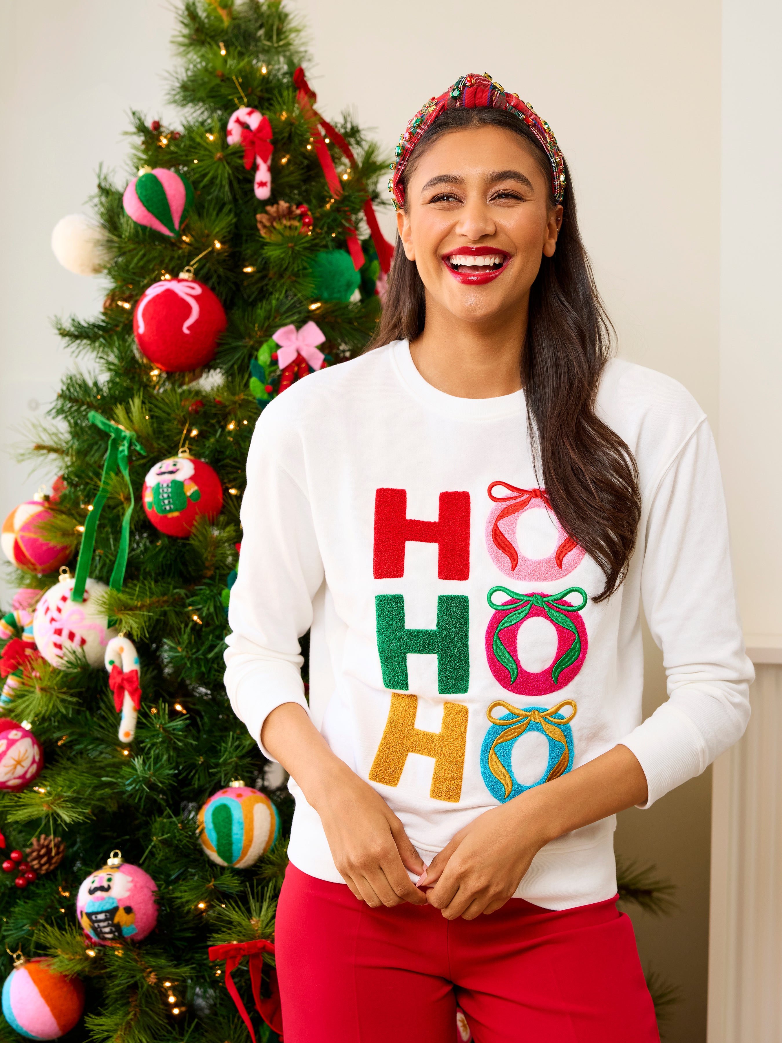 Shiraleah "Ho Ho Ho" Bows Classic Sweatshirt, Ivory
