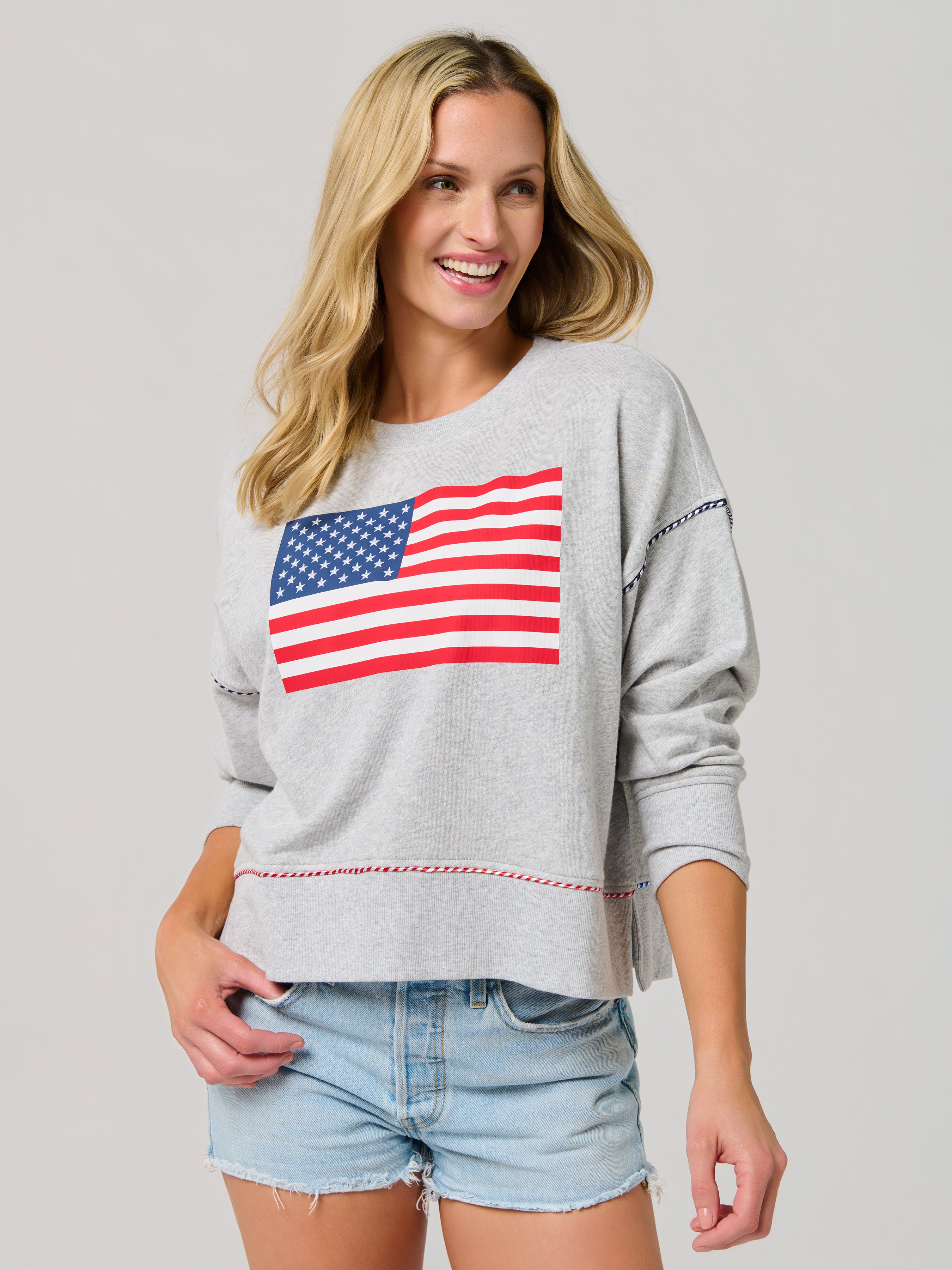 Shiraleah American Flag Relaxed Sweatshirt, Grey SMALL