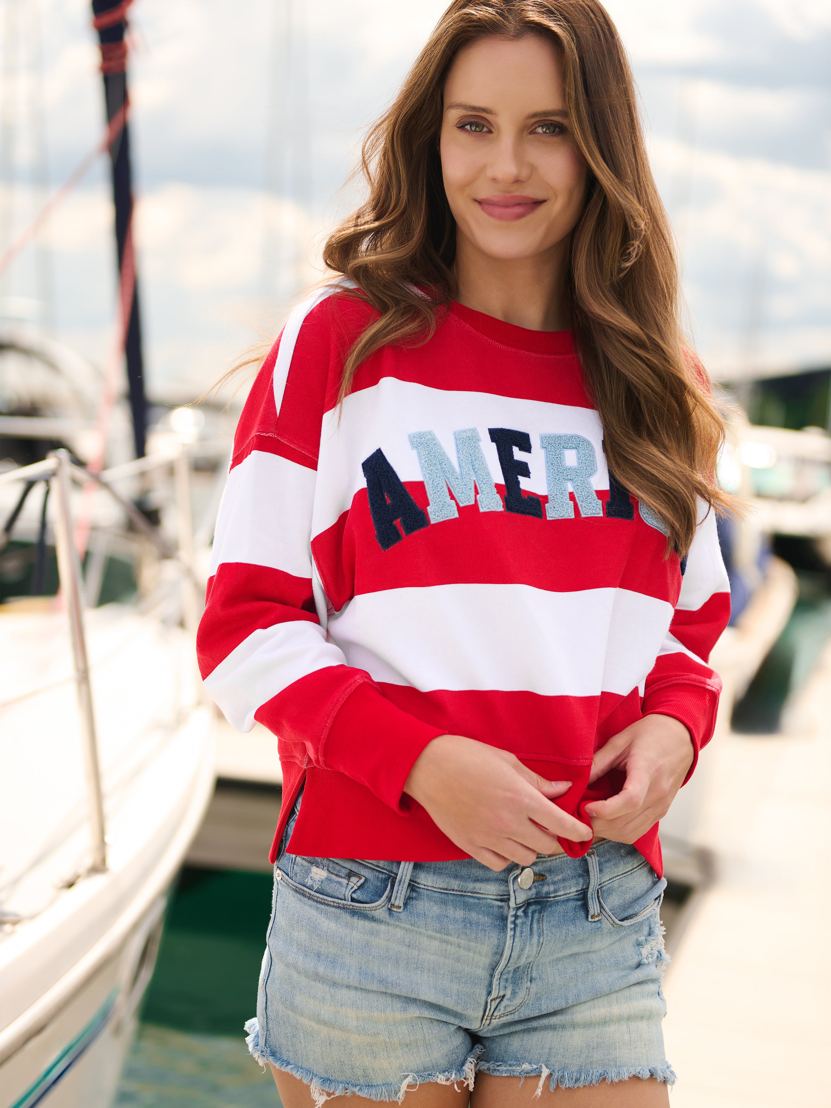 Shiraleah "America" Rugby Stripe Relaxed Sweatshirt, White SMALL