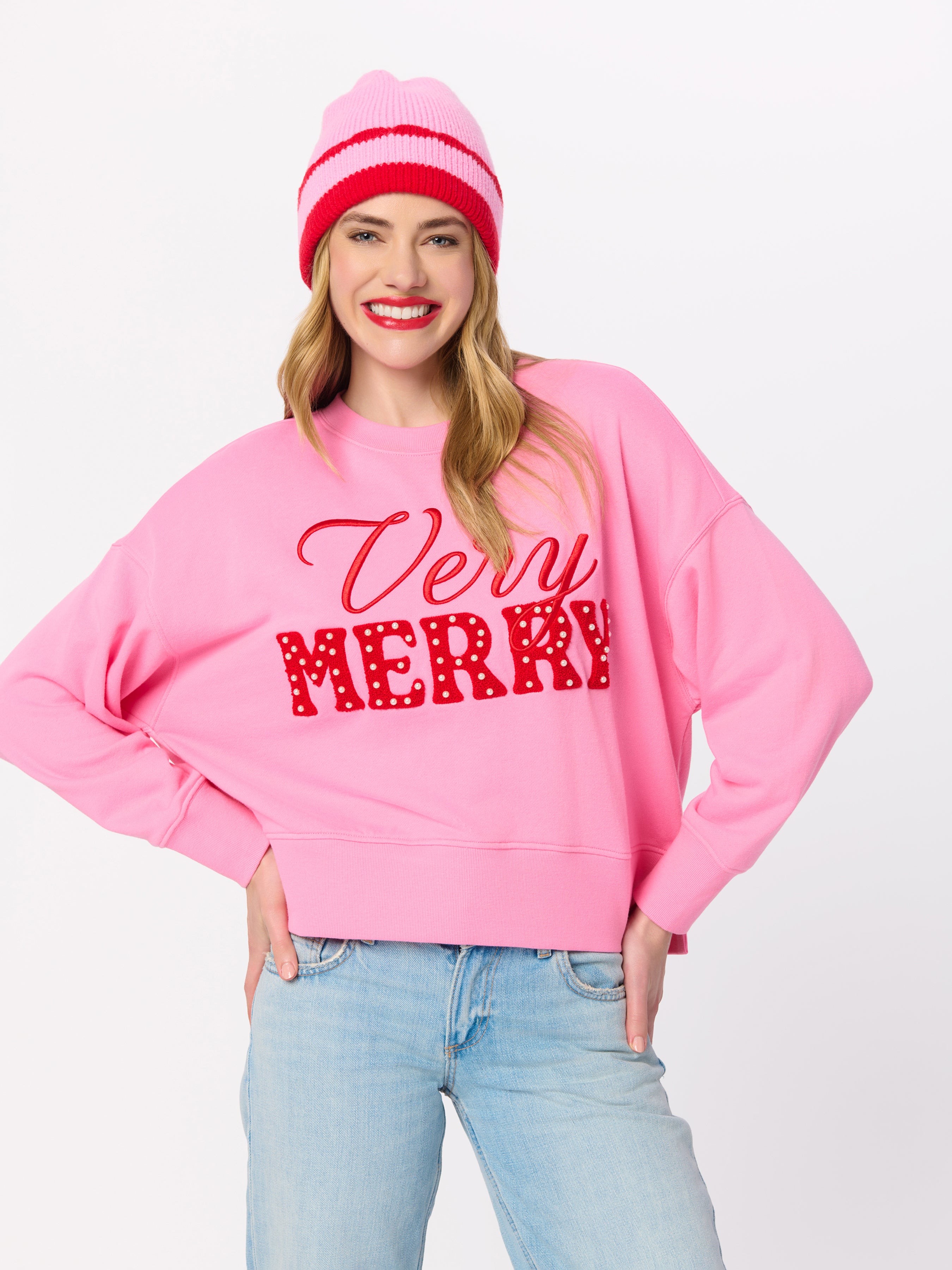 Shiraleah "Very Merry" Pearls Relaxed Sweatshirt, Pink PINK / EXTRA SMALL