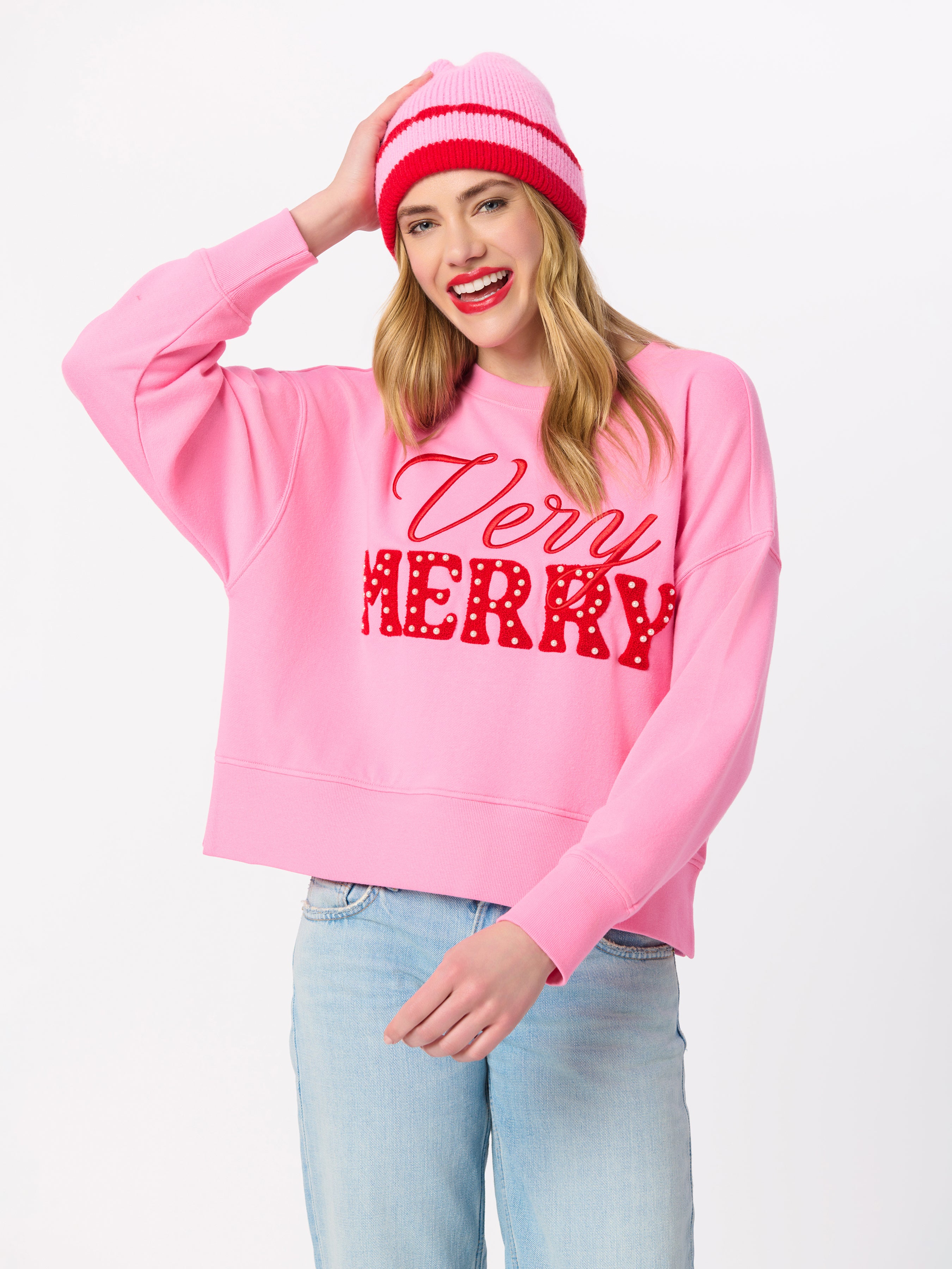 Shiraleah "Very Merry" Pearls Relaxed Sweatshirt, Pink PINK / EXTRA SMALL