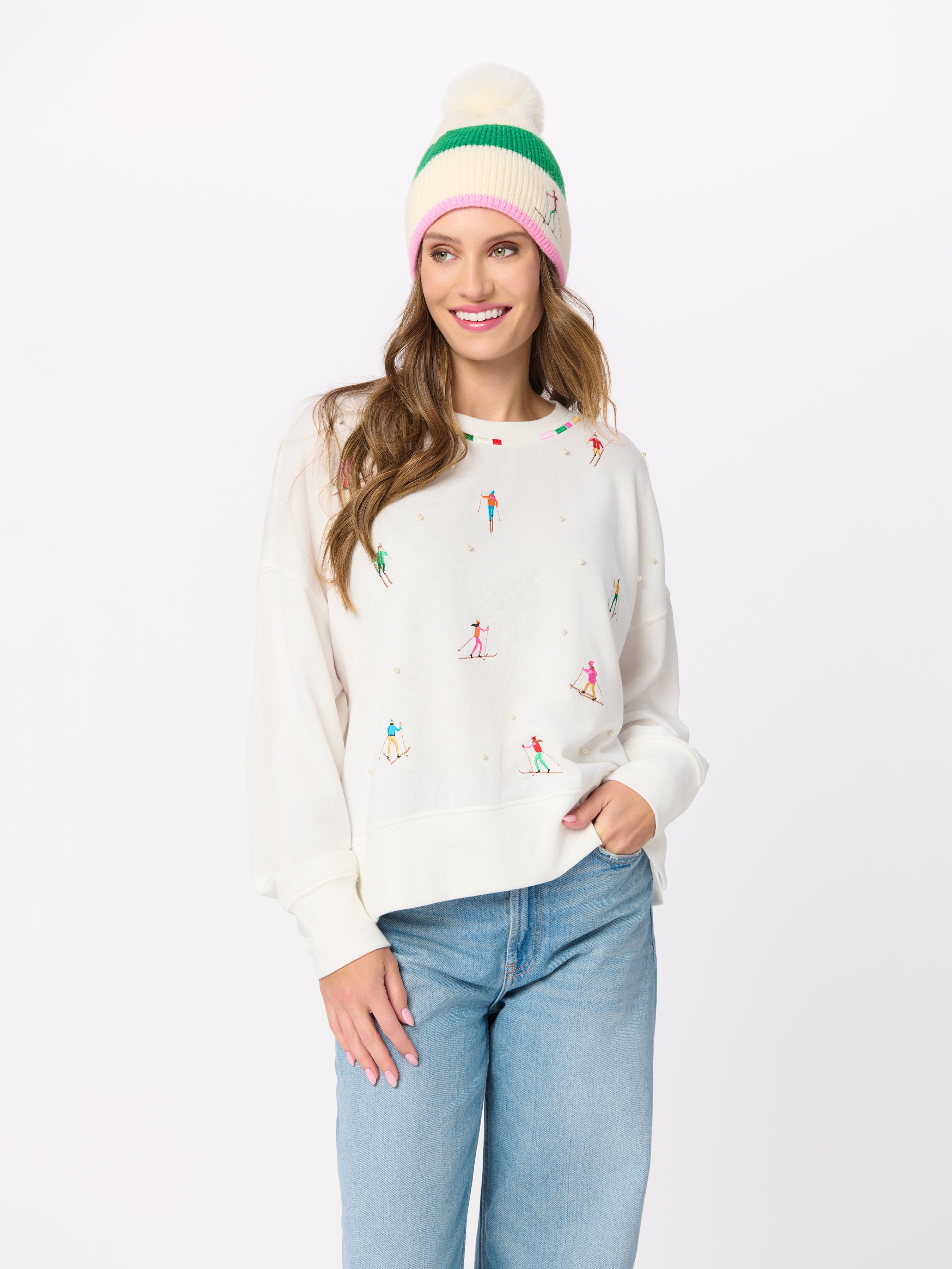 Shiraleah Skiers With Pearls Relaxed Sweatshirt, Ivory IVORY / EXTRA SMALL