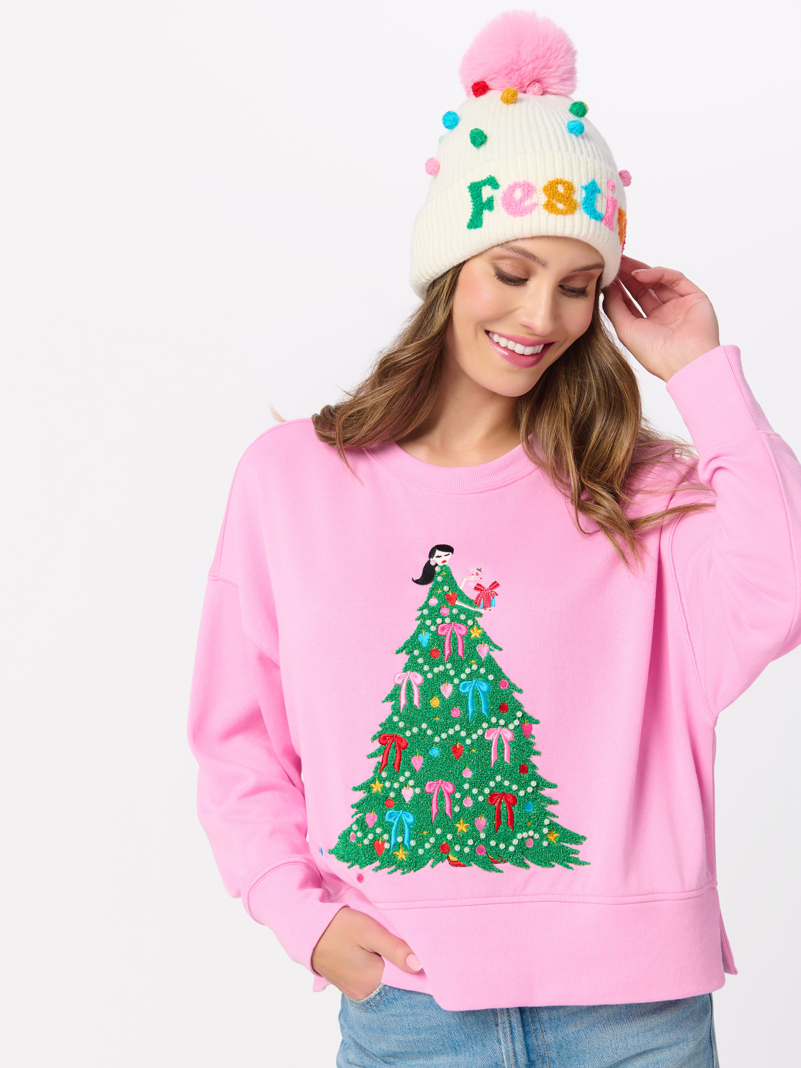Shiraleah Christmas Tree Lady Relaxed Sweatshirt, Pink PINK / EXTRA SMALL
