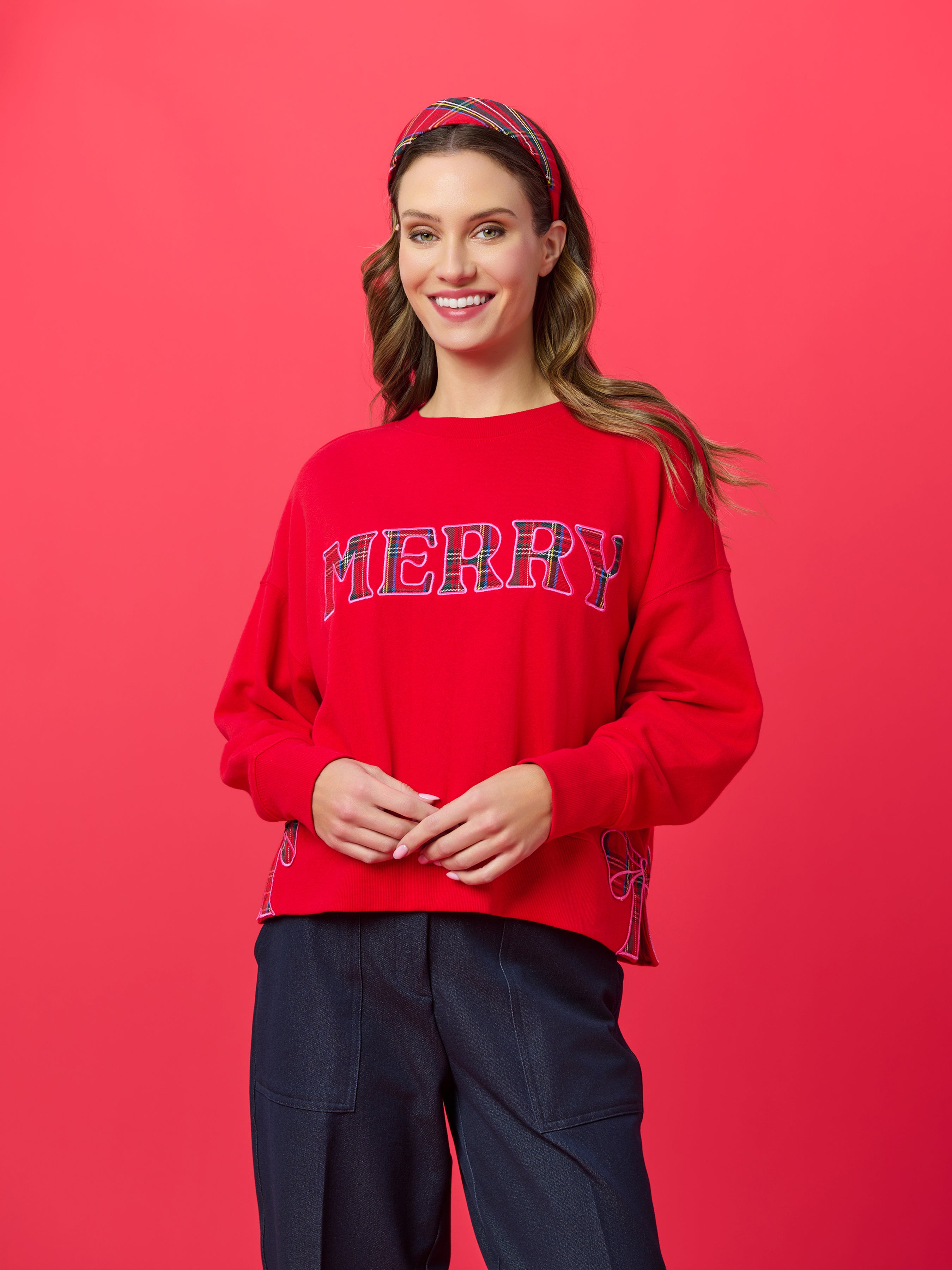 Shiraleah Plaid "Merry" Relaxed Sweatshirt, Red RED / EXTRA SMALL