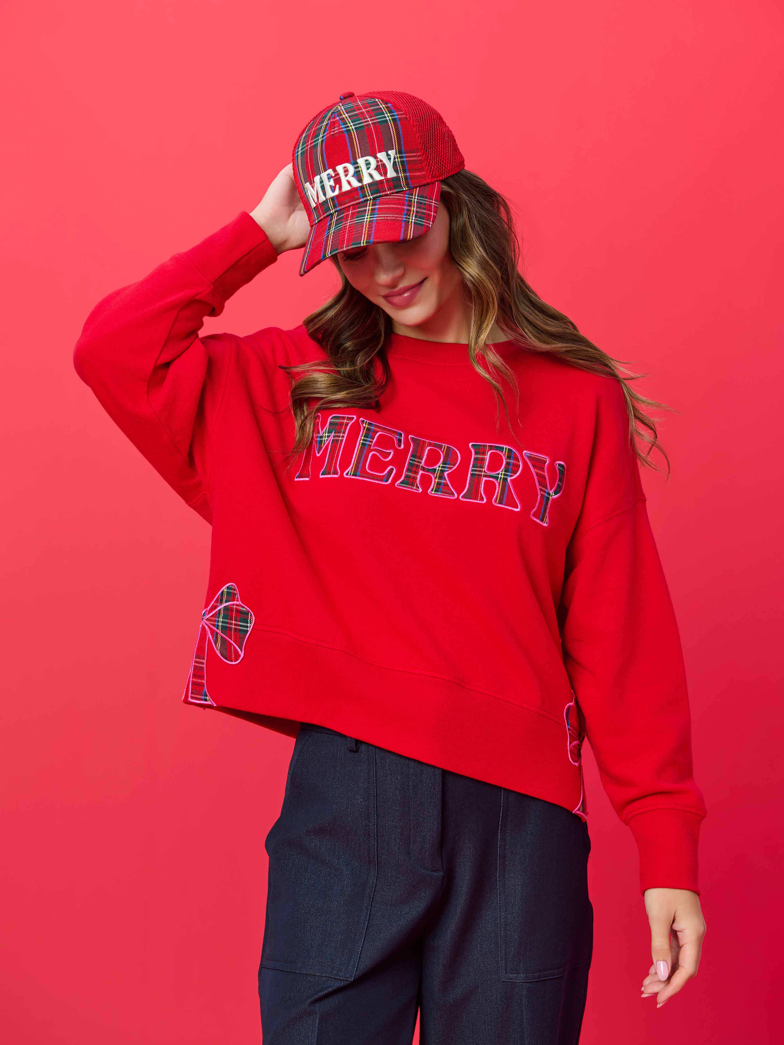 Shiraleah Plaid "Merry" Relaxed Sweatshirt, Red RED / EXTRA SMALL