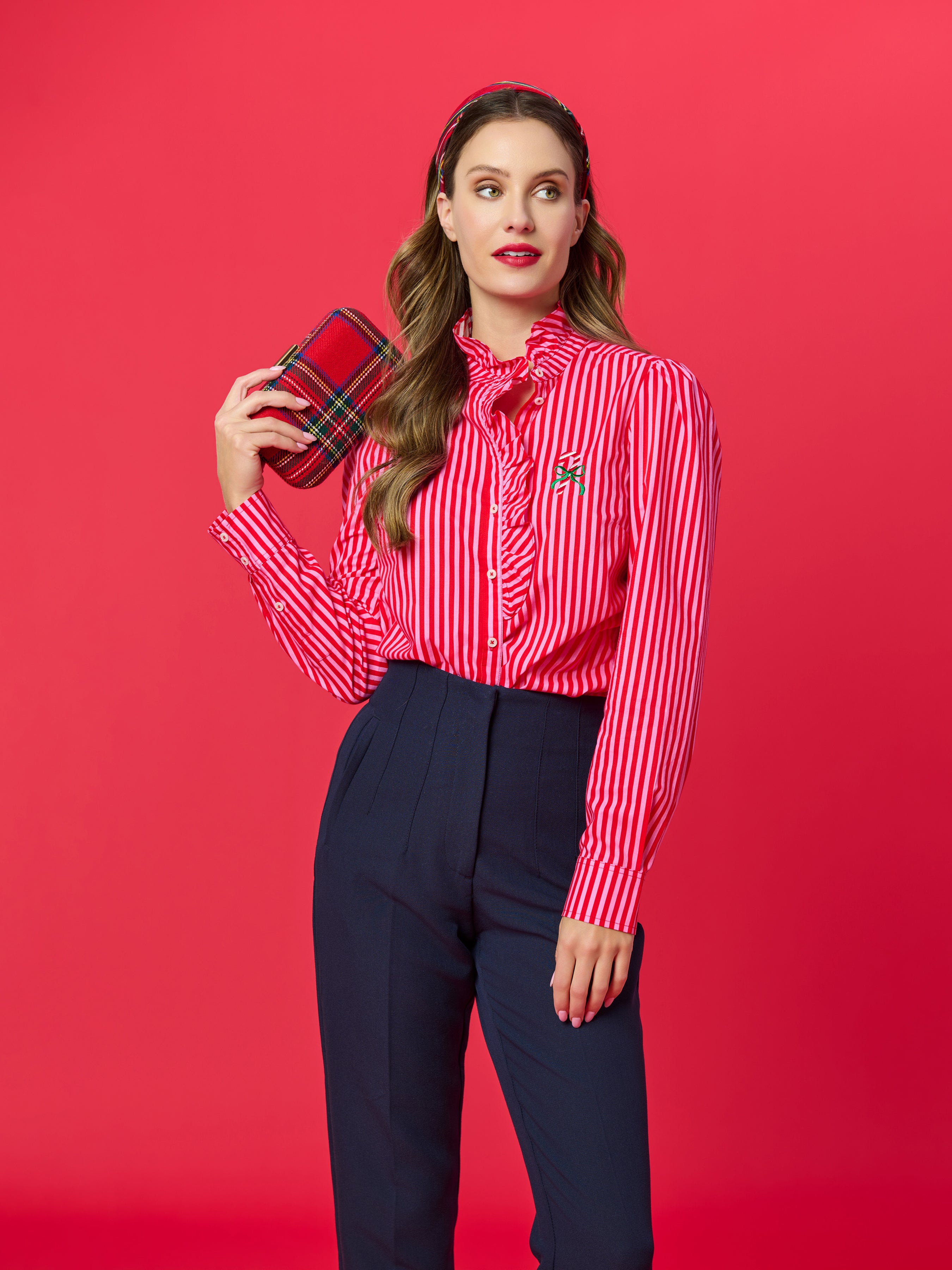 Shiraleah Candy Cane Ruffle Blouse, Red RED / EXTRA SMALL