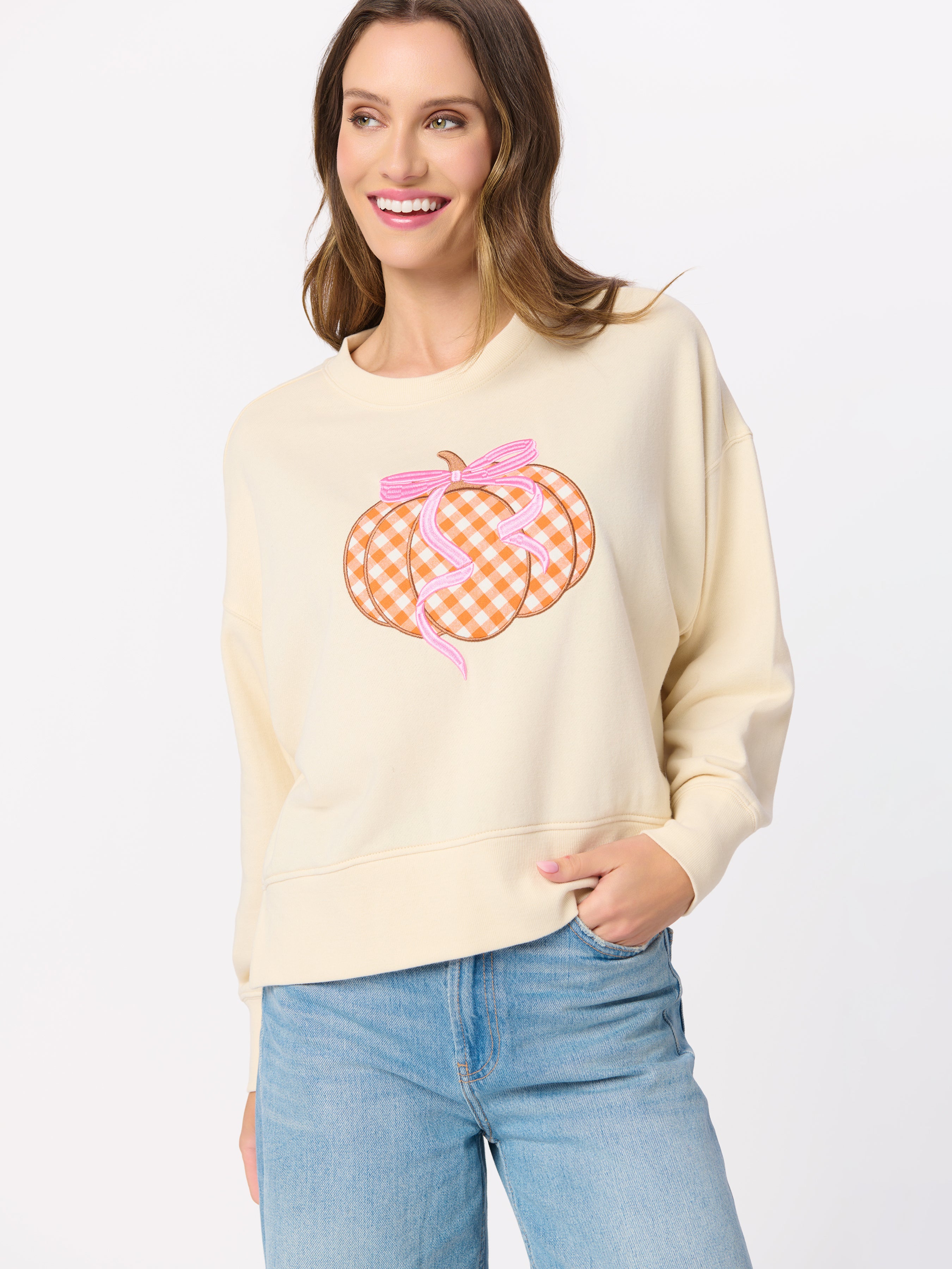 Shiraleah Gingham Pumpkin Relaxed Sweatshirt, Cream CREAM / EXTRA SMALL