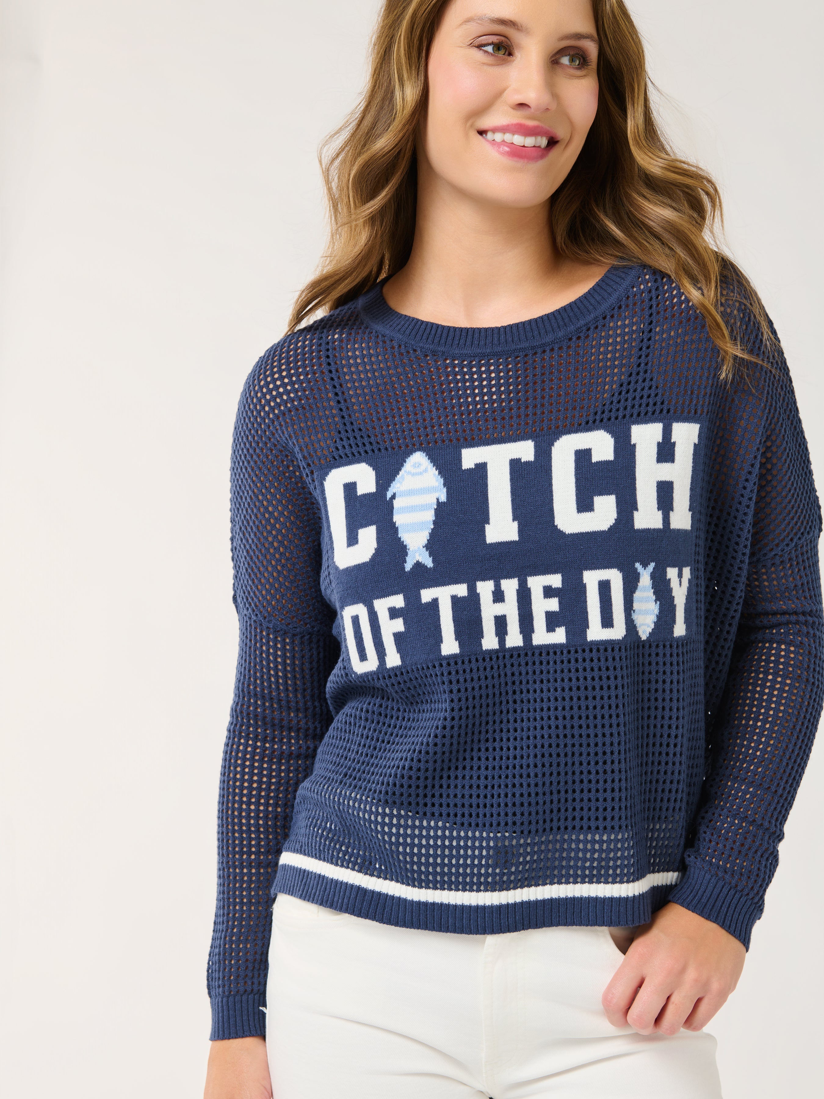 Shiraleah "Catch of the Day" Mesh Sweater, Navy SMALL