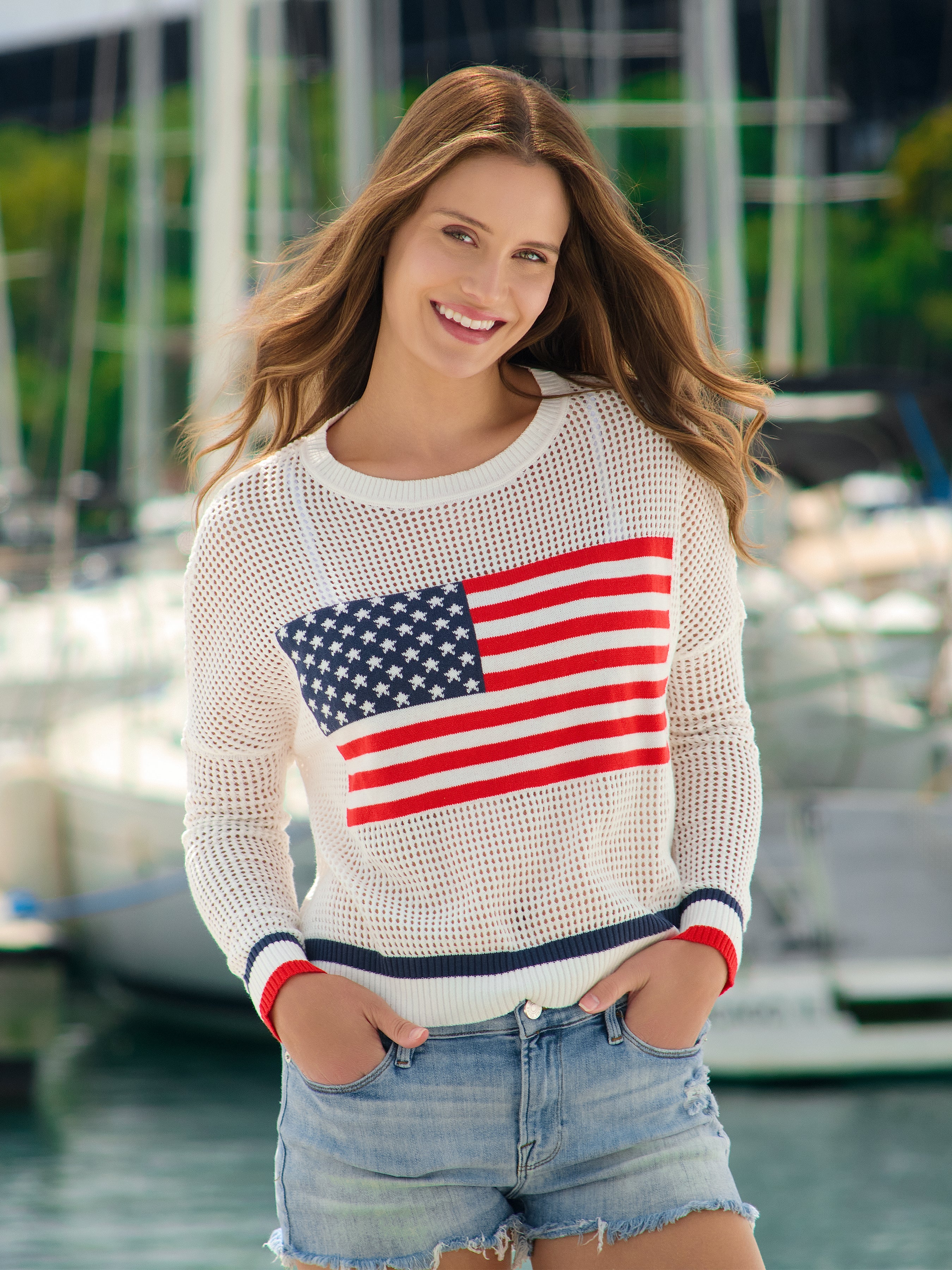 Shiraleah American Flag Mesh Sweater, White SMALL