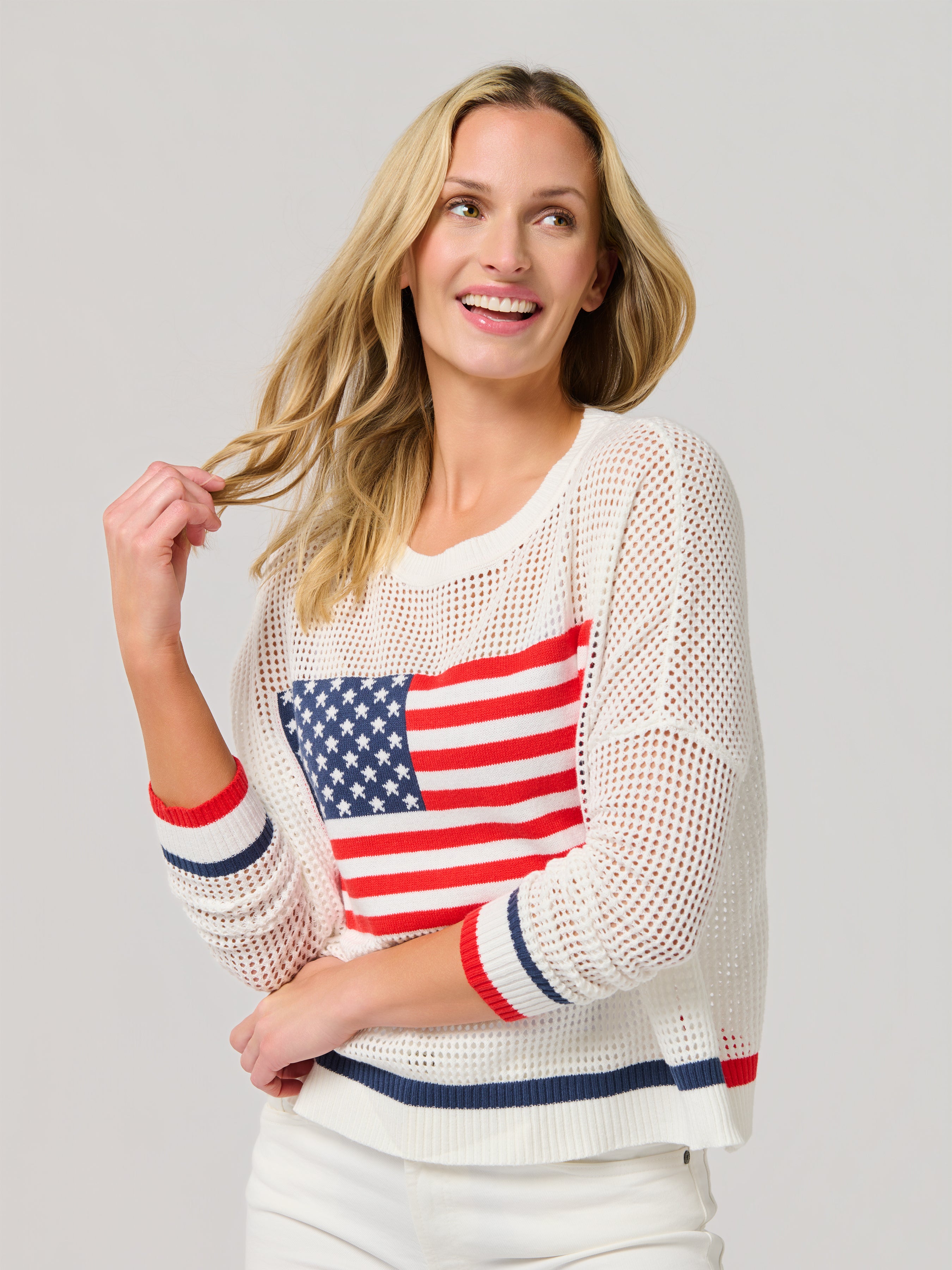 Shiraleah American Flag Mesh Sweater, White SMALL