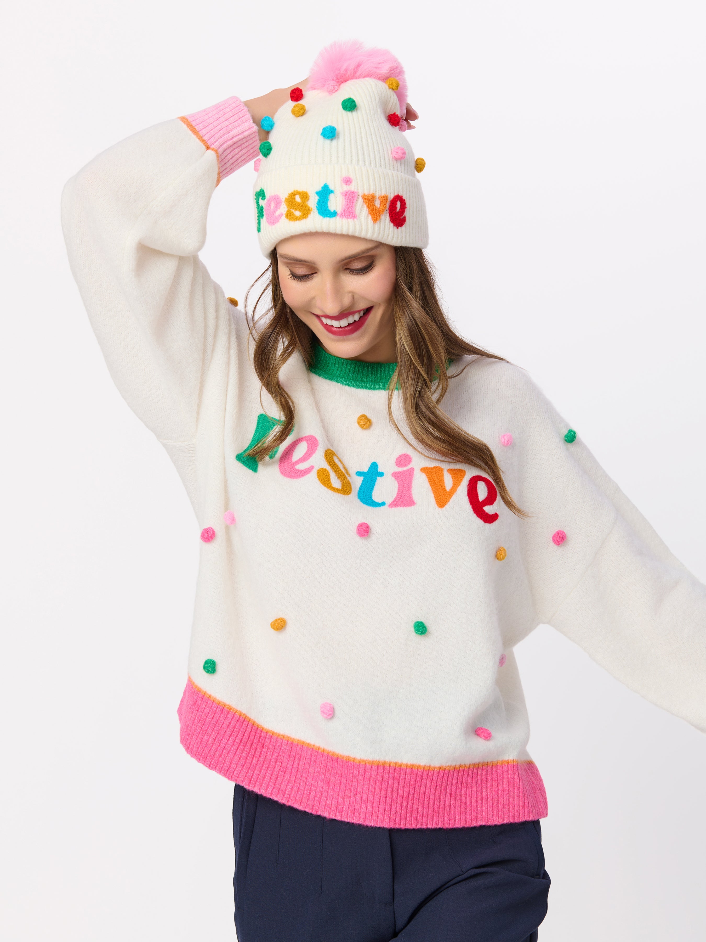 Shiraleah "Festive" Pom Pom Relaxed Sweater, Ivory IVORY / EXTRA SMALL