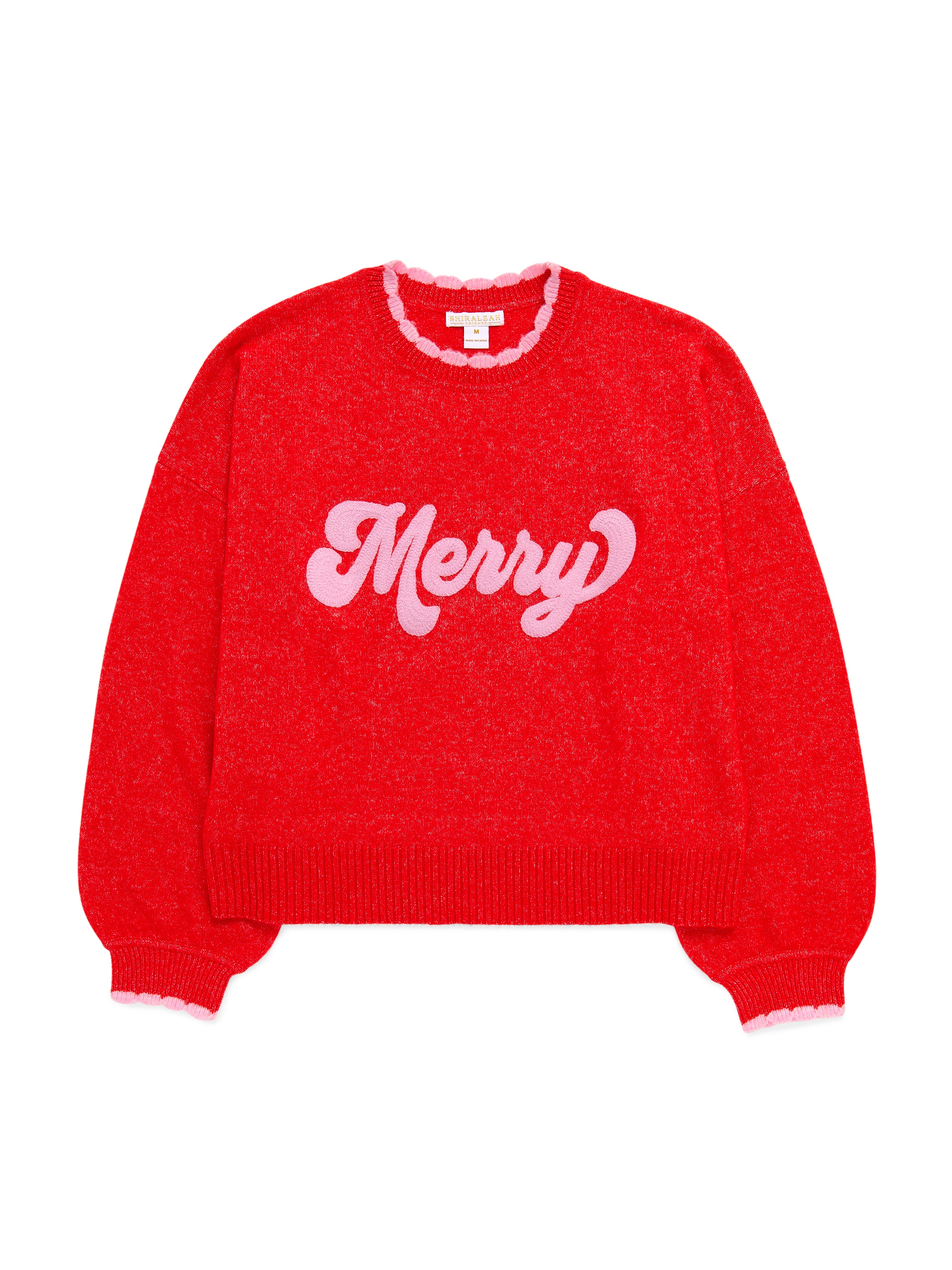 Shiraleah "Merry" Scallop Trim Relaxed Sweater, Red RED / EXTRA SMALL