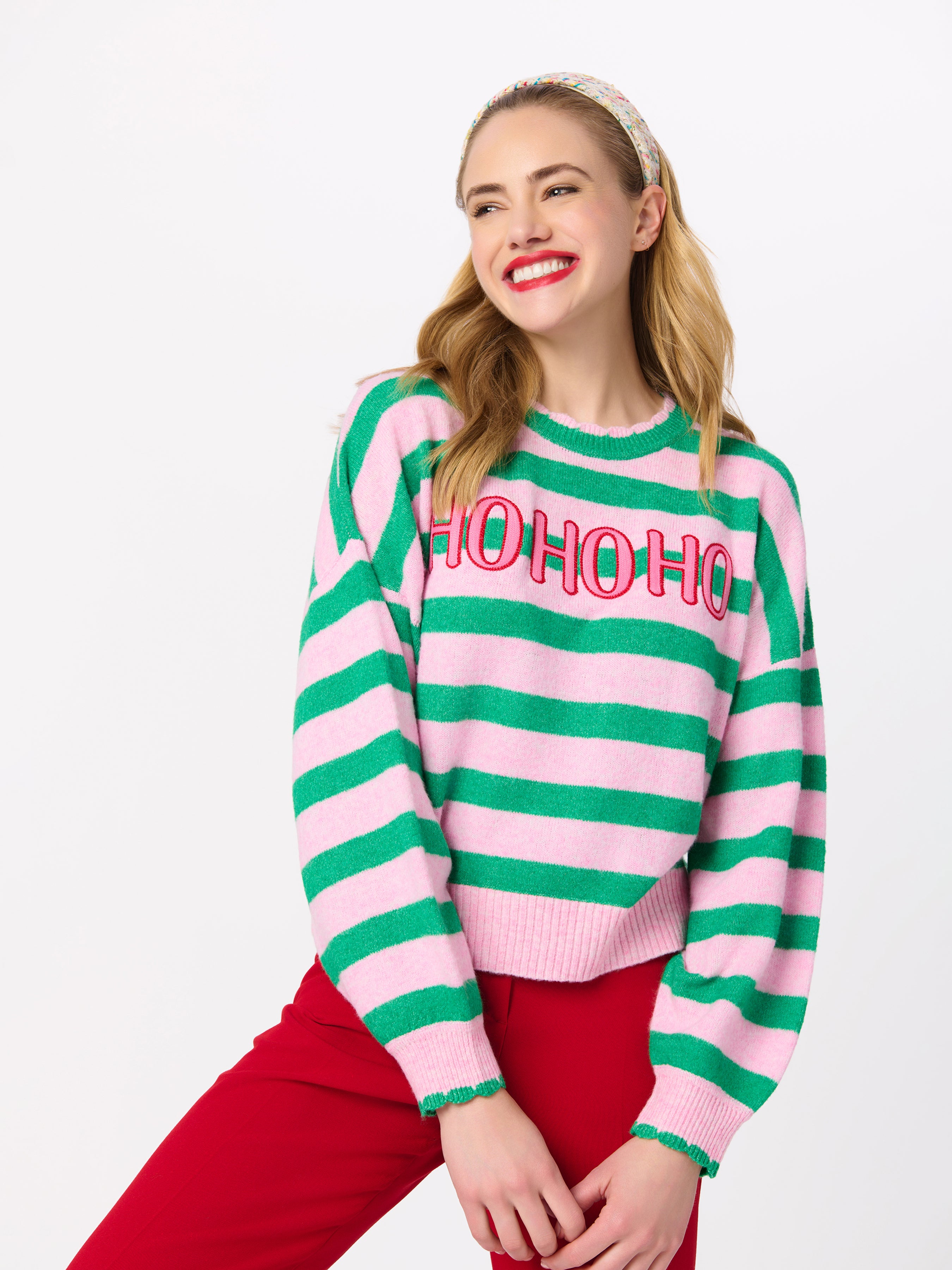 Shiraleah "Ho Ho Ho" Scallop Trim Relaxed Sweater, Green GREEN / EXTRA SMALL