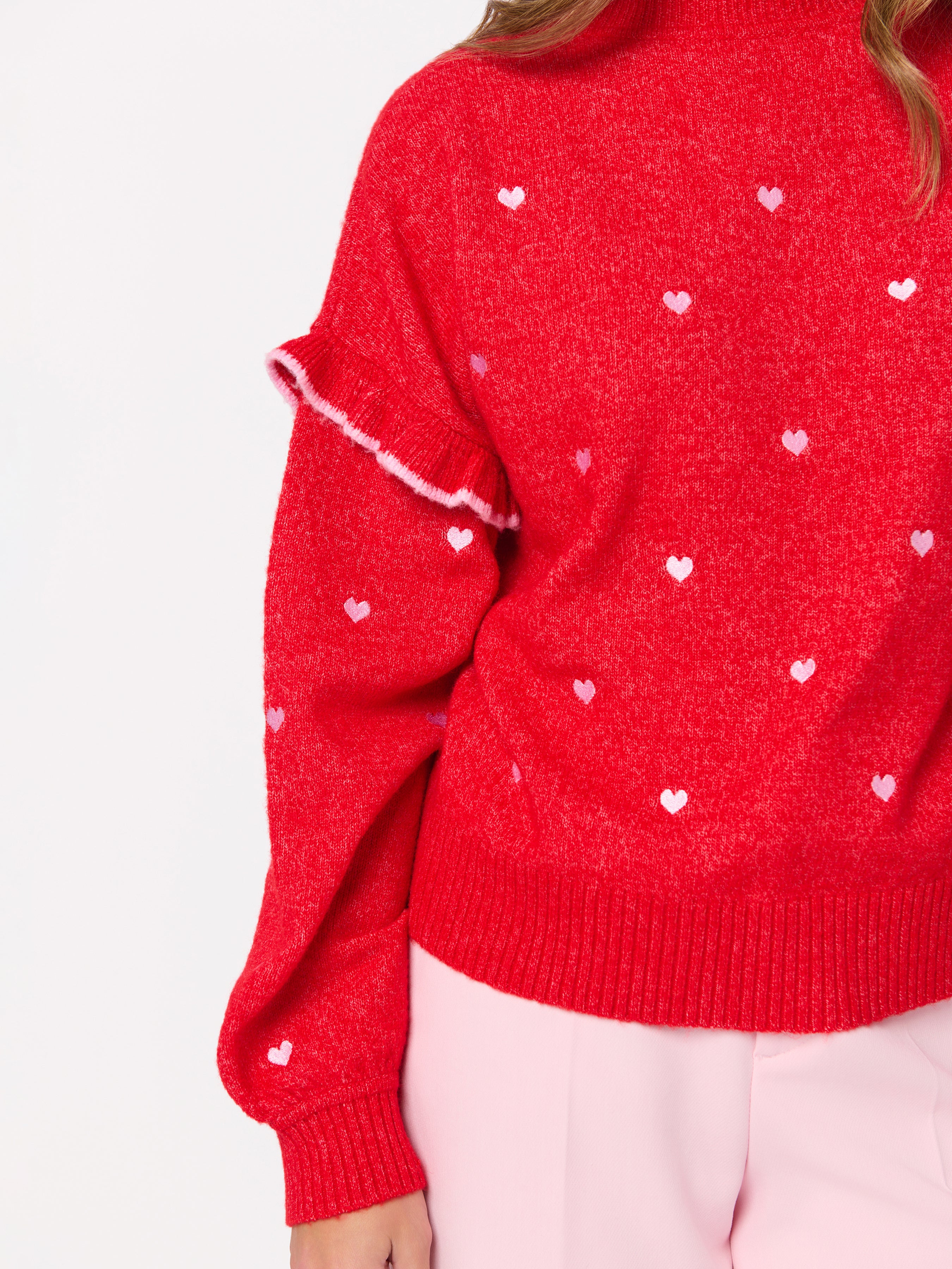 Shiraleah Hearts Ruffle Sleeve Relaxed Sweater, Red RED / EXTRA SMALL