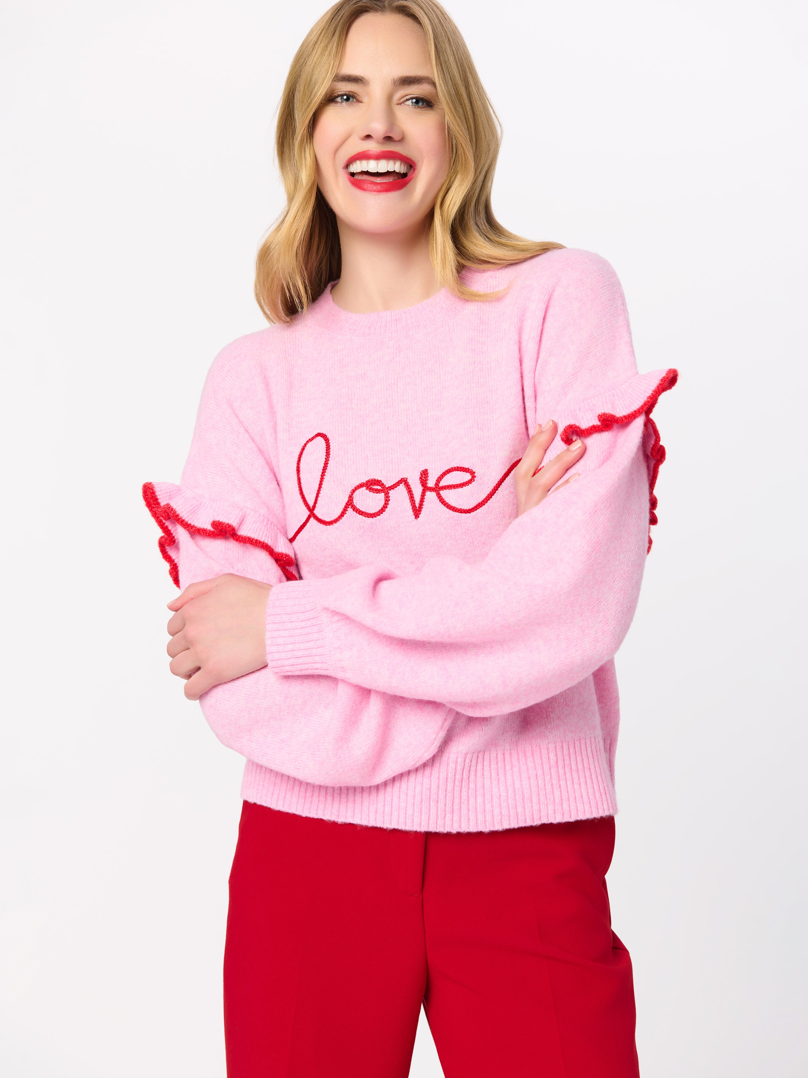 Shiraleah "Love" Ruffle Sleeve Relaxed Sweater, Blush BLUSH / EXTRA SMALL