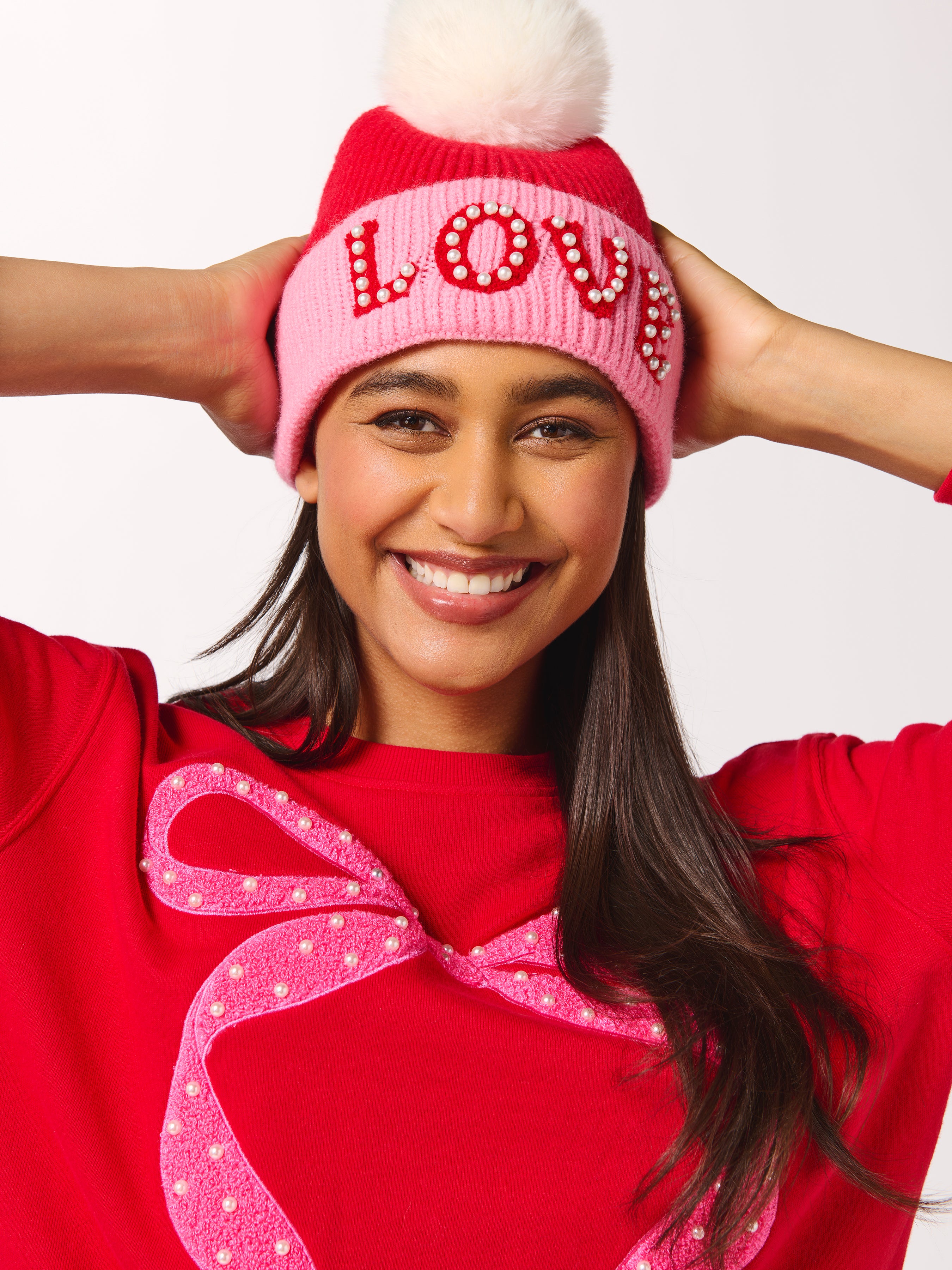 Shiraleah "Love" Beanie With Pearls, Red