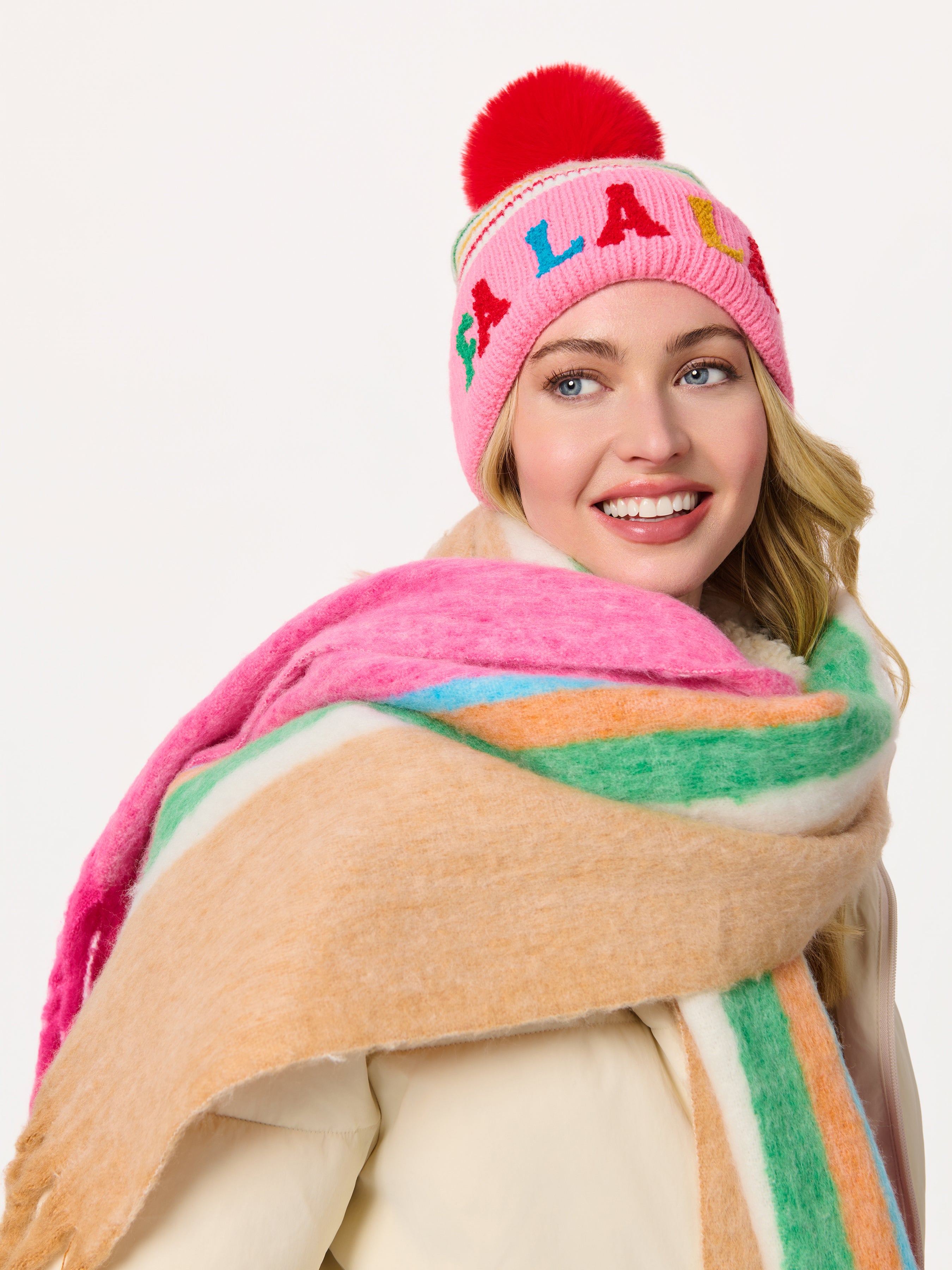 Shiraleah "Fa La La" Striped Beanie, Pink