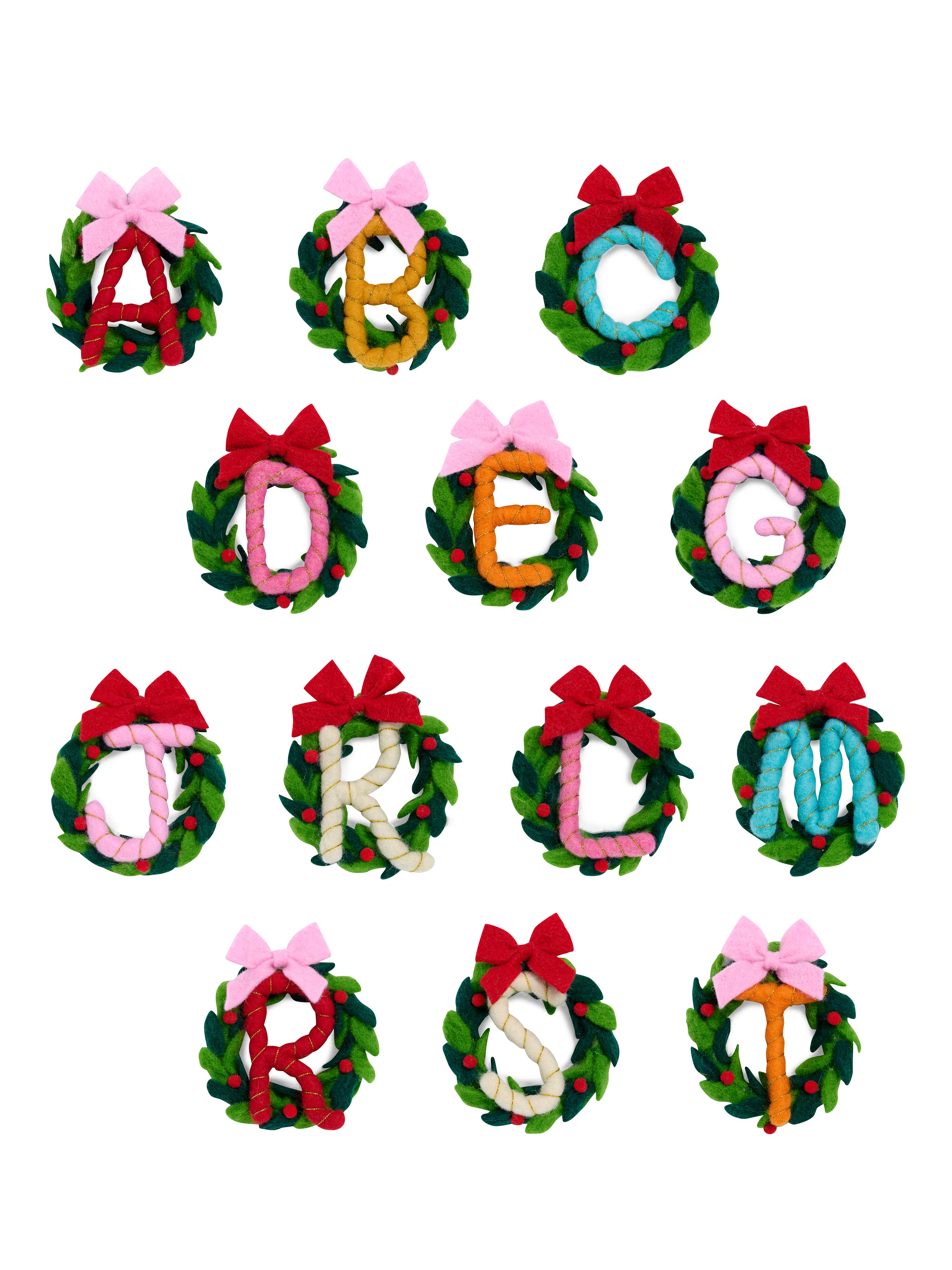 Shiraleah Assorted Set of 13 Initial Wreath Ornaments, Multi