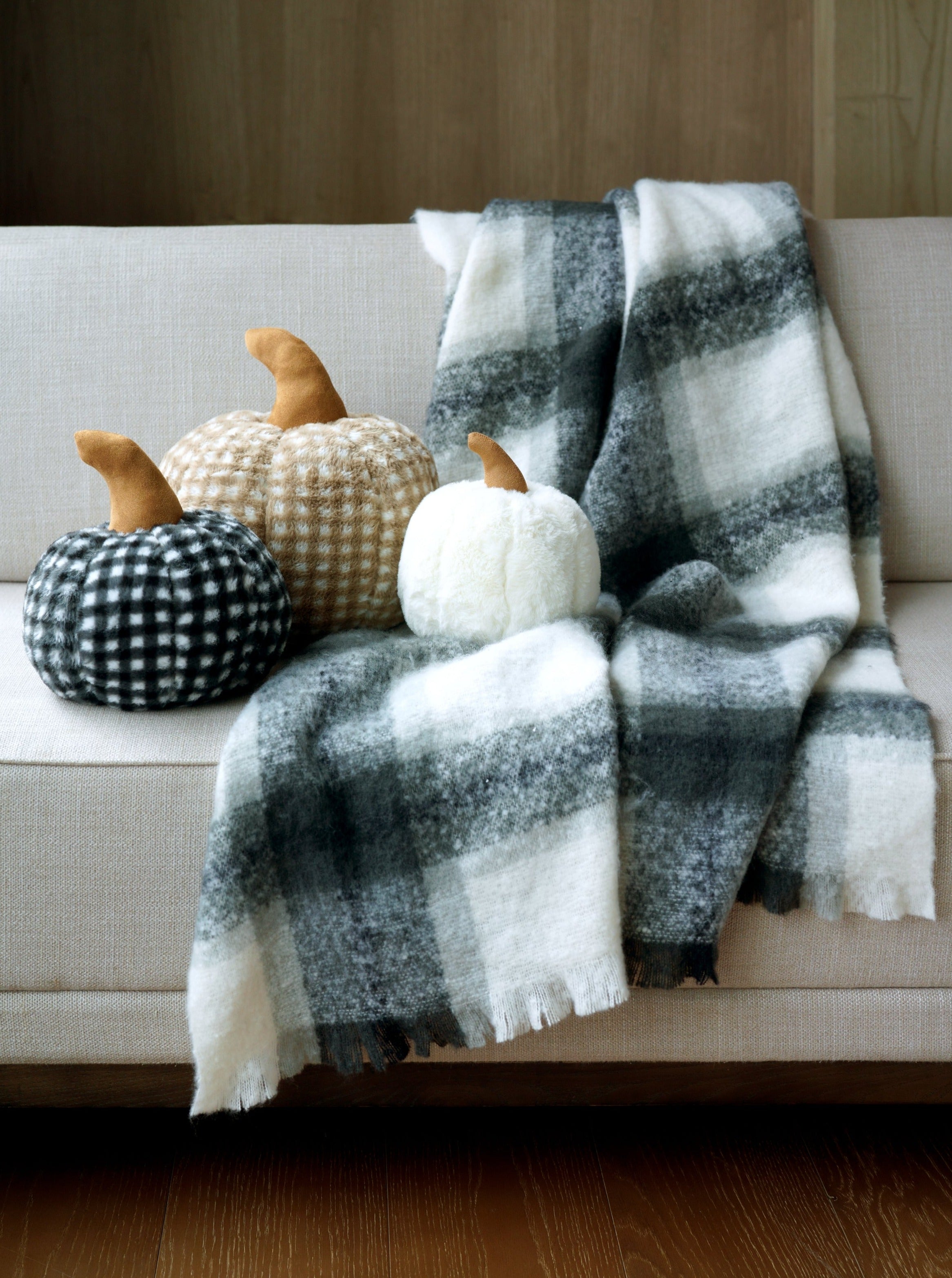 Shiraleah Large Plaid Faux Fur Pumpkin Pillow, Beige